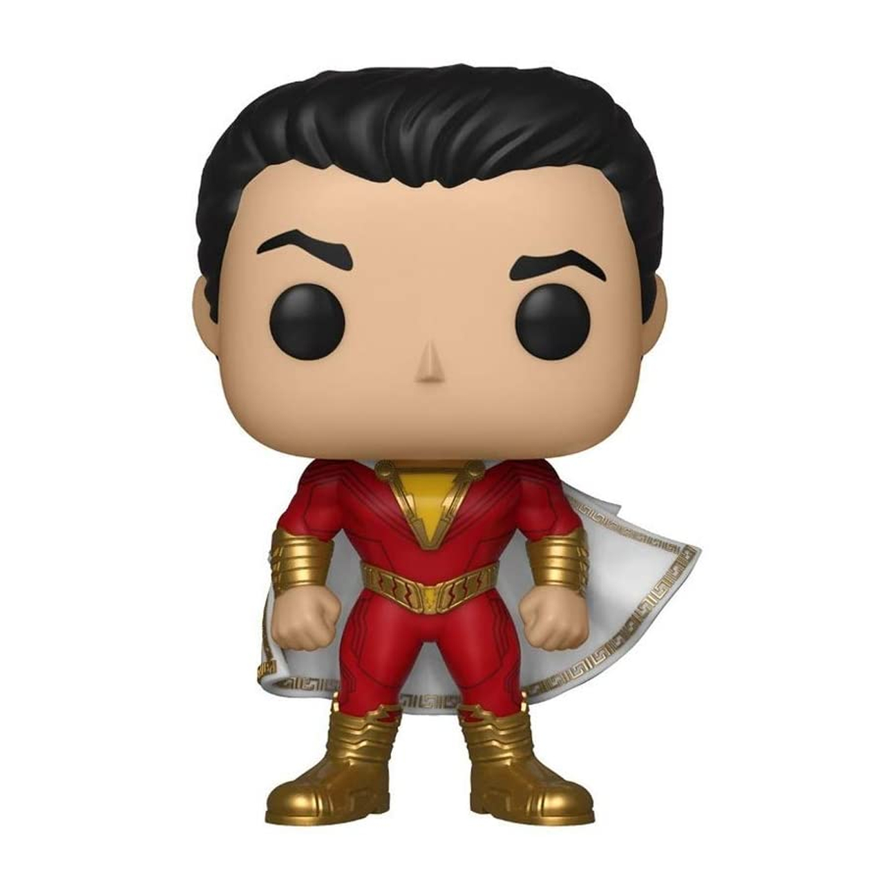 Figura di Shazam in tuta rossa con dettagli oro e mantello bianco. Capelli neri e volto sorridente.