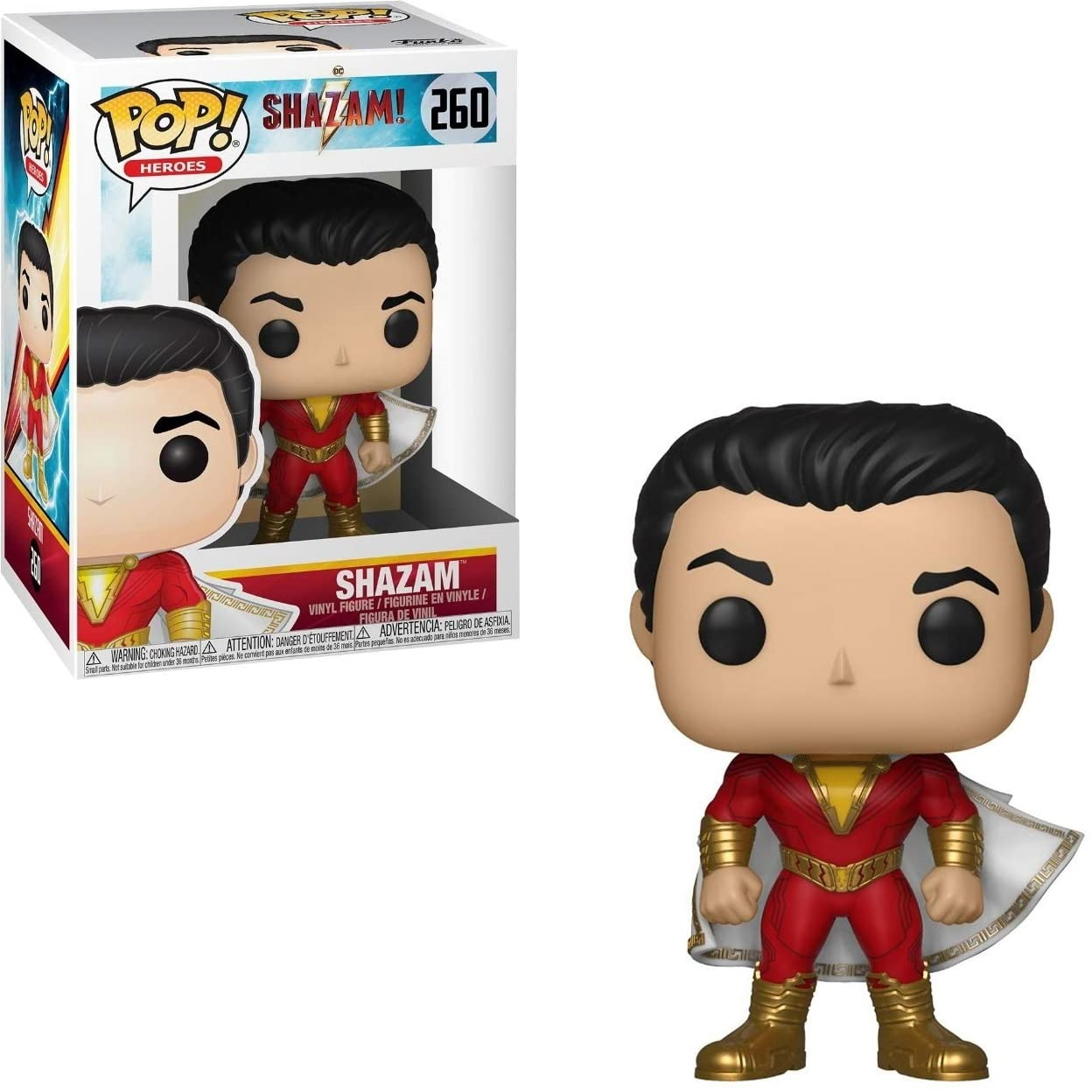 Figura di Shazam, tuta rossa e oro, capelli neri, mantello bianco, da Shazam!