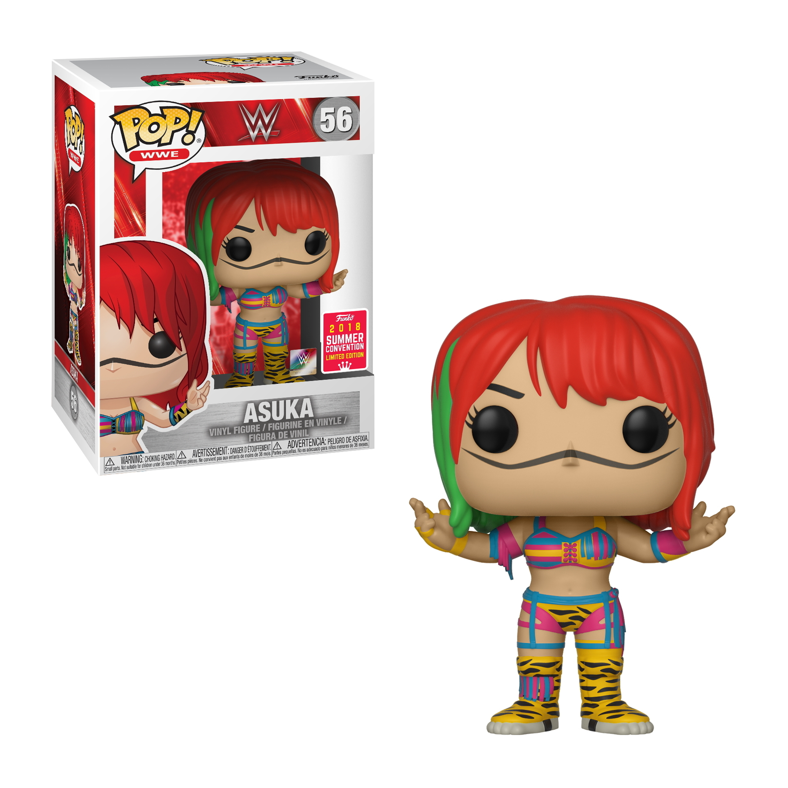 Asuka Funko Pop Figur trägt ein buntes Outfit und rotes Haar mit grünen Highlights, in einer Box.
