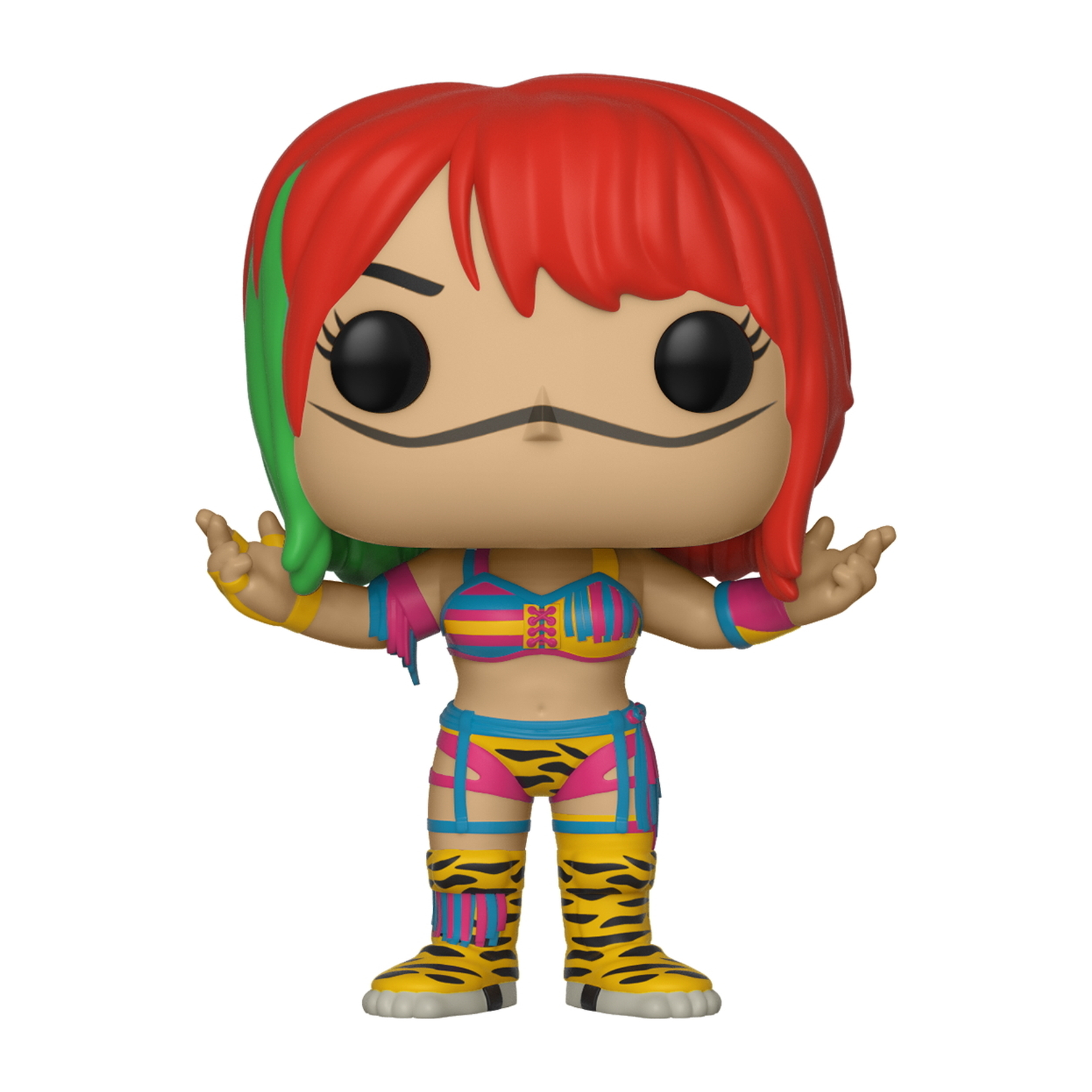 Funko Pop-Figur von Asuka mit roten Haaren, grünem Streifen und bunter Kleidung.