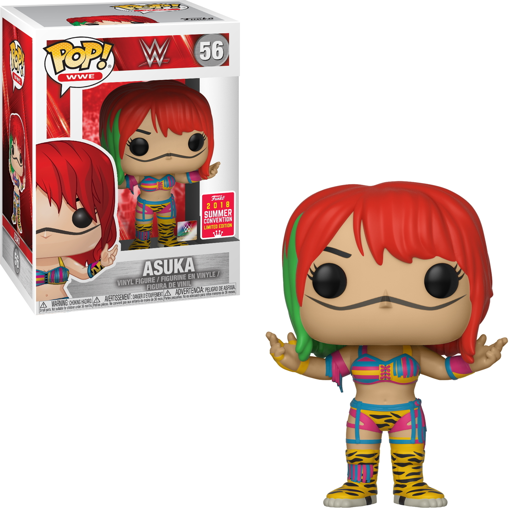 Asuka-Figur mit roten Haaren, grünen Pony und farbenfrohem Outfit. Box sichtbar.