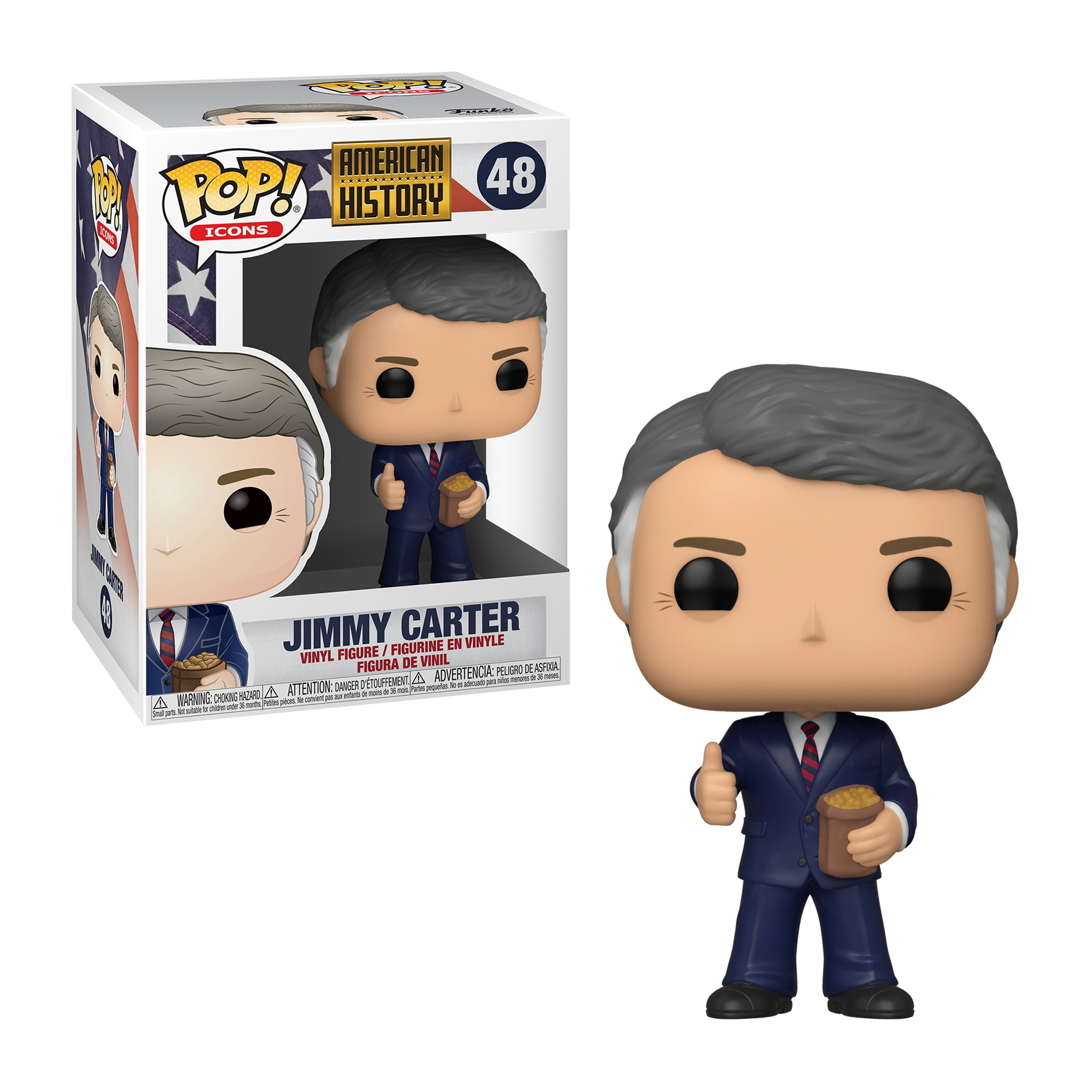 Jimmy Carter Funko Pop Figur im Anzug, hält eine Tasche. Figur in der Box mit Text.