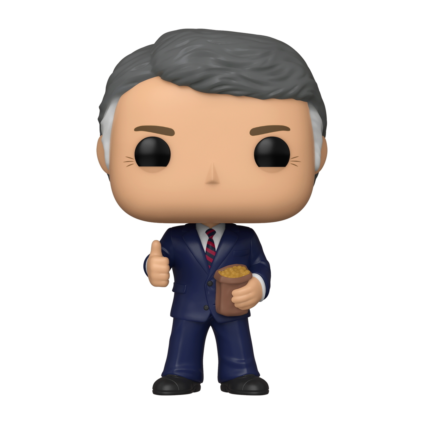 Mann Funko Pop Figur im Anzug, Daumen hoch, hält eine Goldtasche. Graue Haare, blauer Anzug, rote Krawatte.