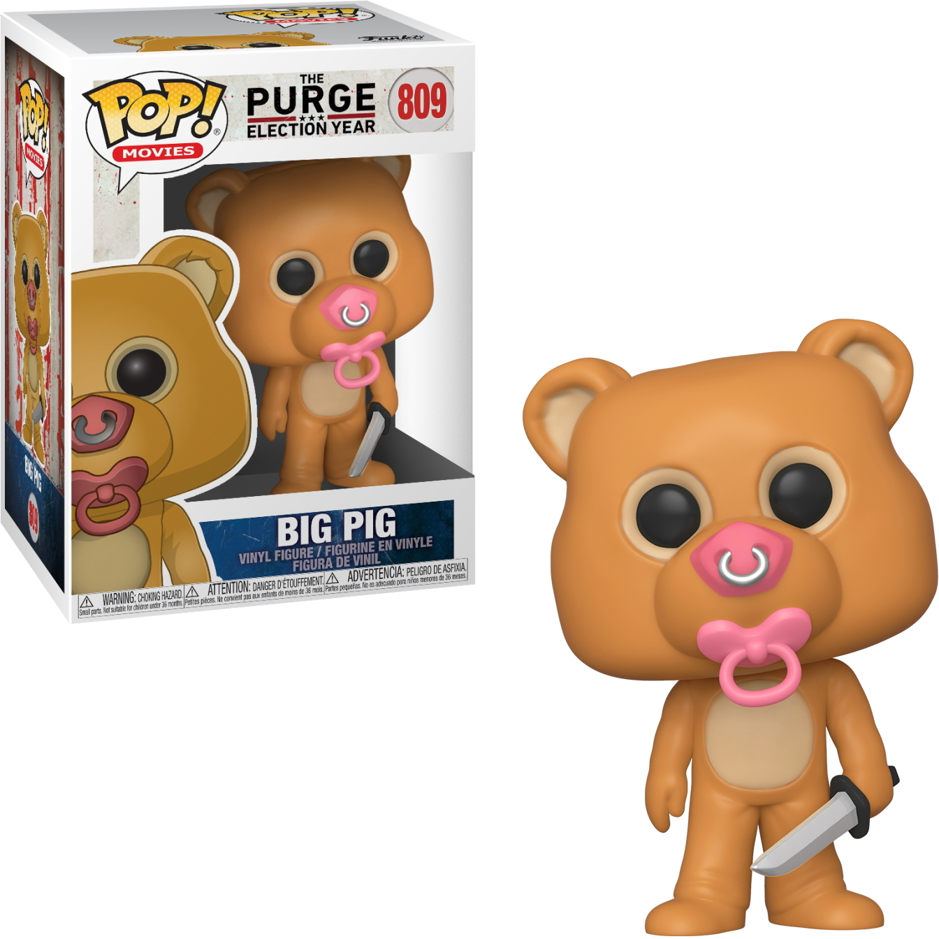 Figurka Funko Pop misia ze smoczkiem i nożem, z pudełkiem.