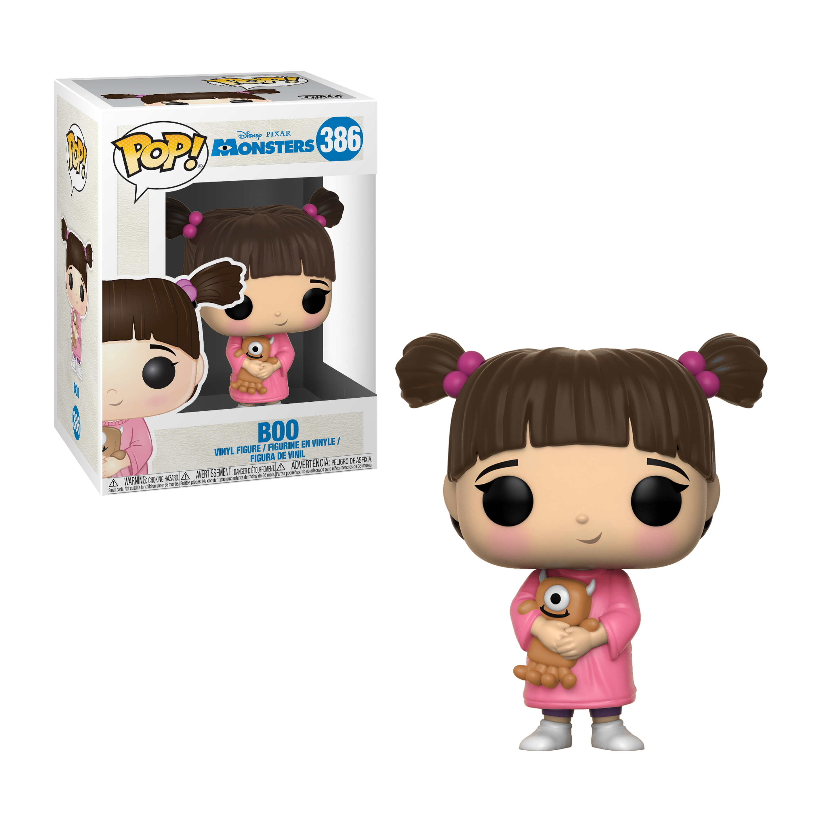 Funko Pop di Boo da Monsters & Co.. Figura in scatola. Isolato su bianco.