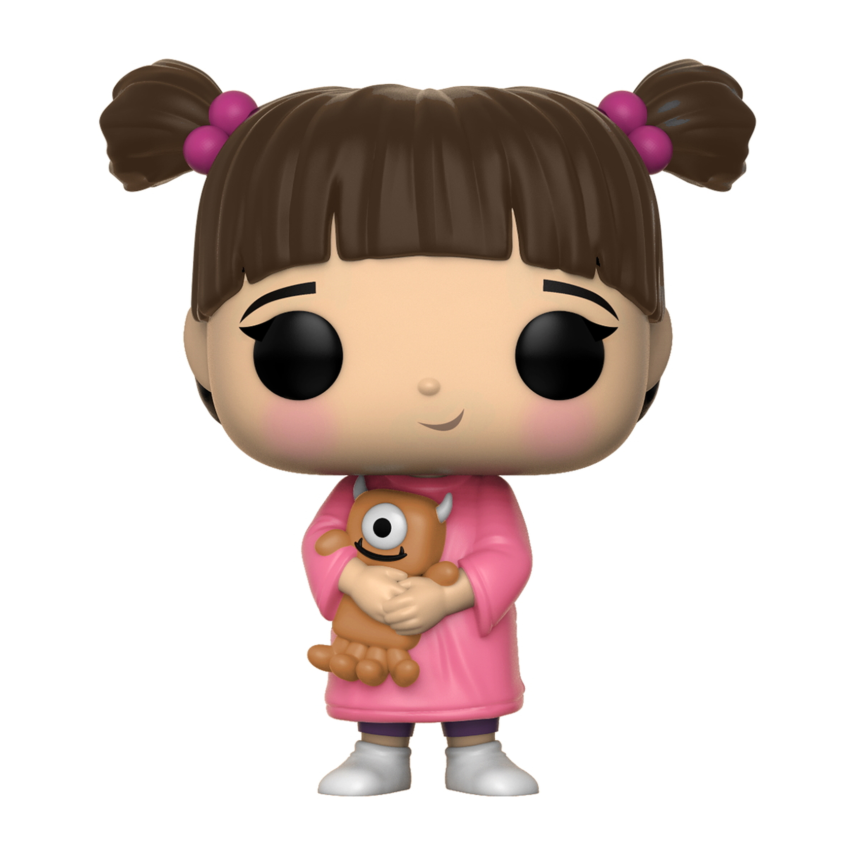 Boo di Monsters, Inc., con una bambola mostro marrone. È un Funko Pop.