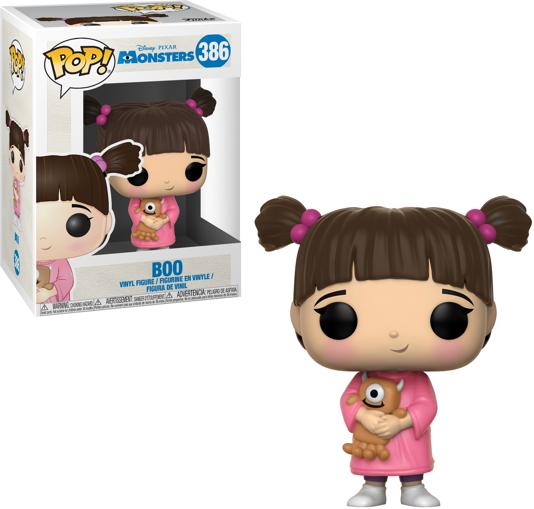 Figura Funko Pop! di Boo di Monsters & Co. in pigiama rosa, con un mostro giocattolo, con scatola.