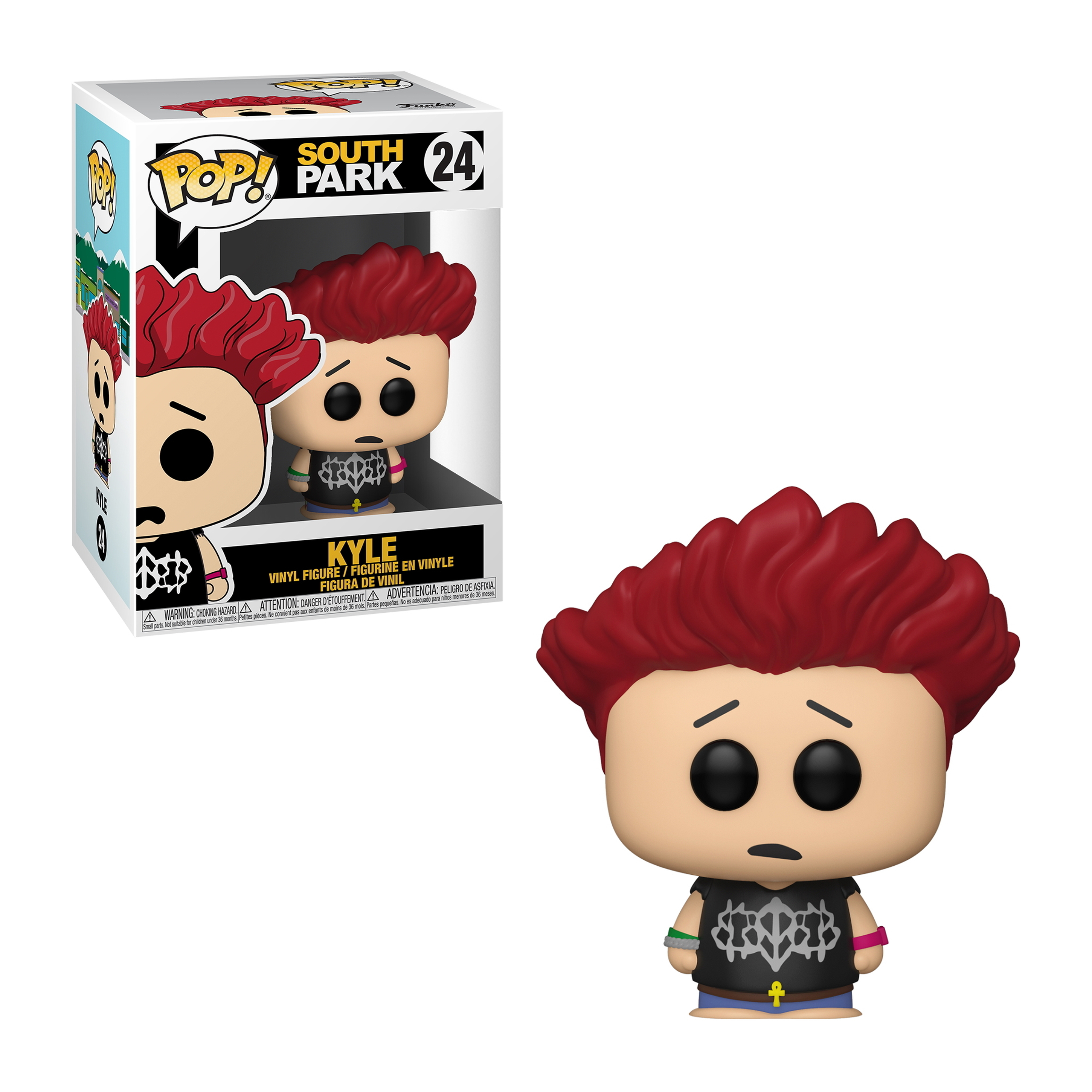 Kyle Funko Pop Figur mit Box. Kyle hat rotes Haar und trägt ein schwarzes Hemd mit Kreuzdesign.
