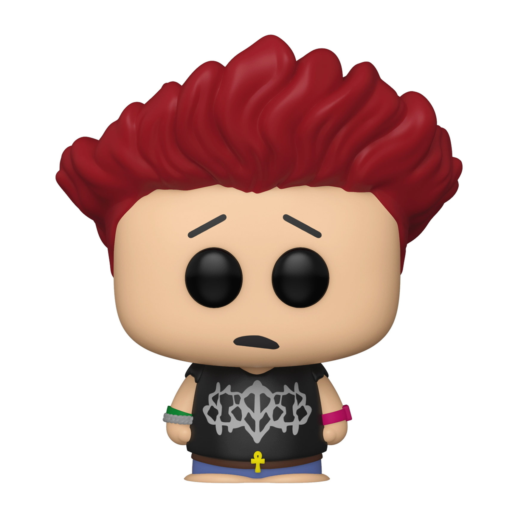 Eine South Park Figur mit roten Haaren, schwarzem Hemd und Armbändern. Box-Bild enthalten. Die Figur steht.