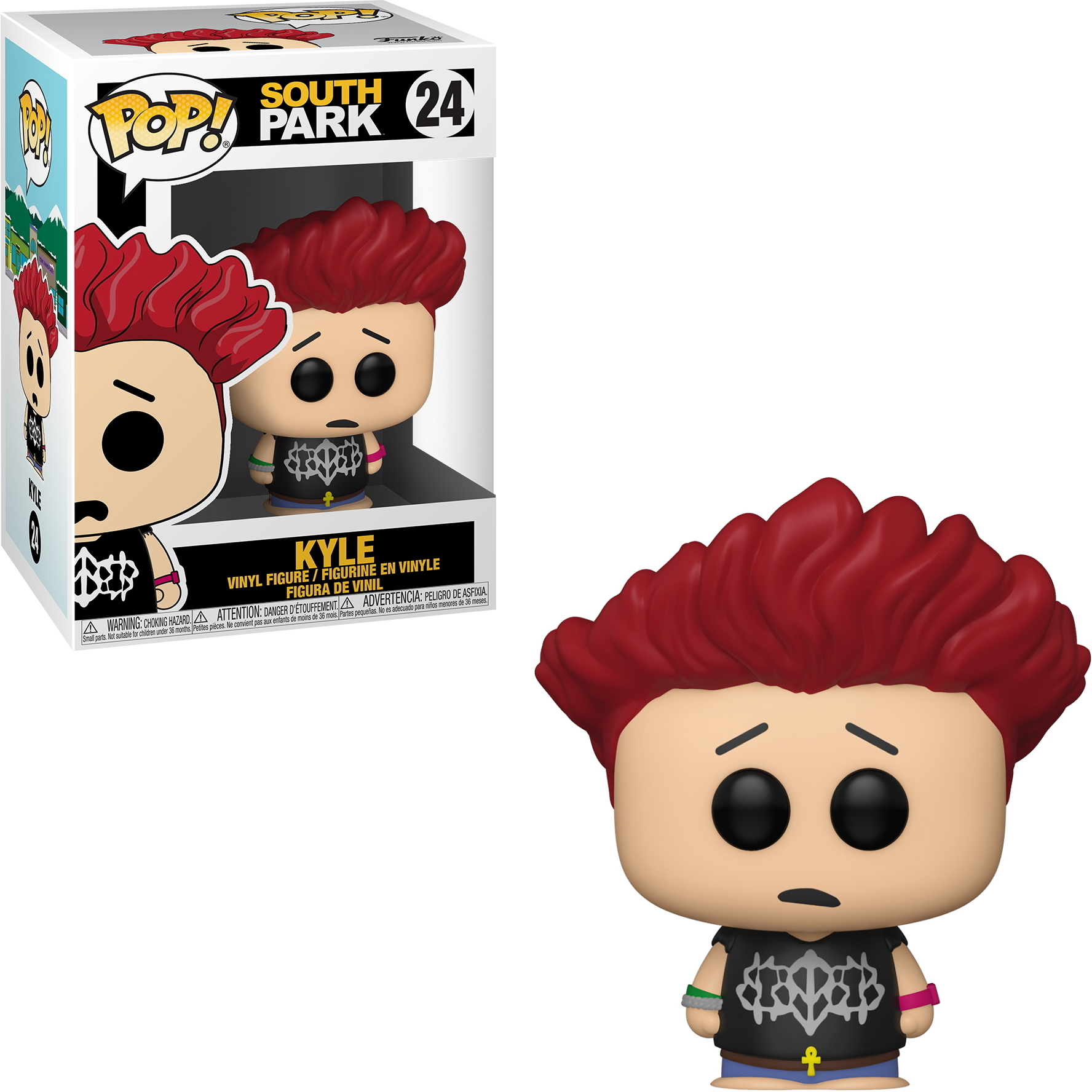 Funko Pop von Kyle aus South Park, mit roten Haaren, schwarzem Hemd und blauen Shorts.