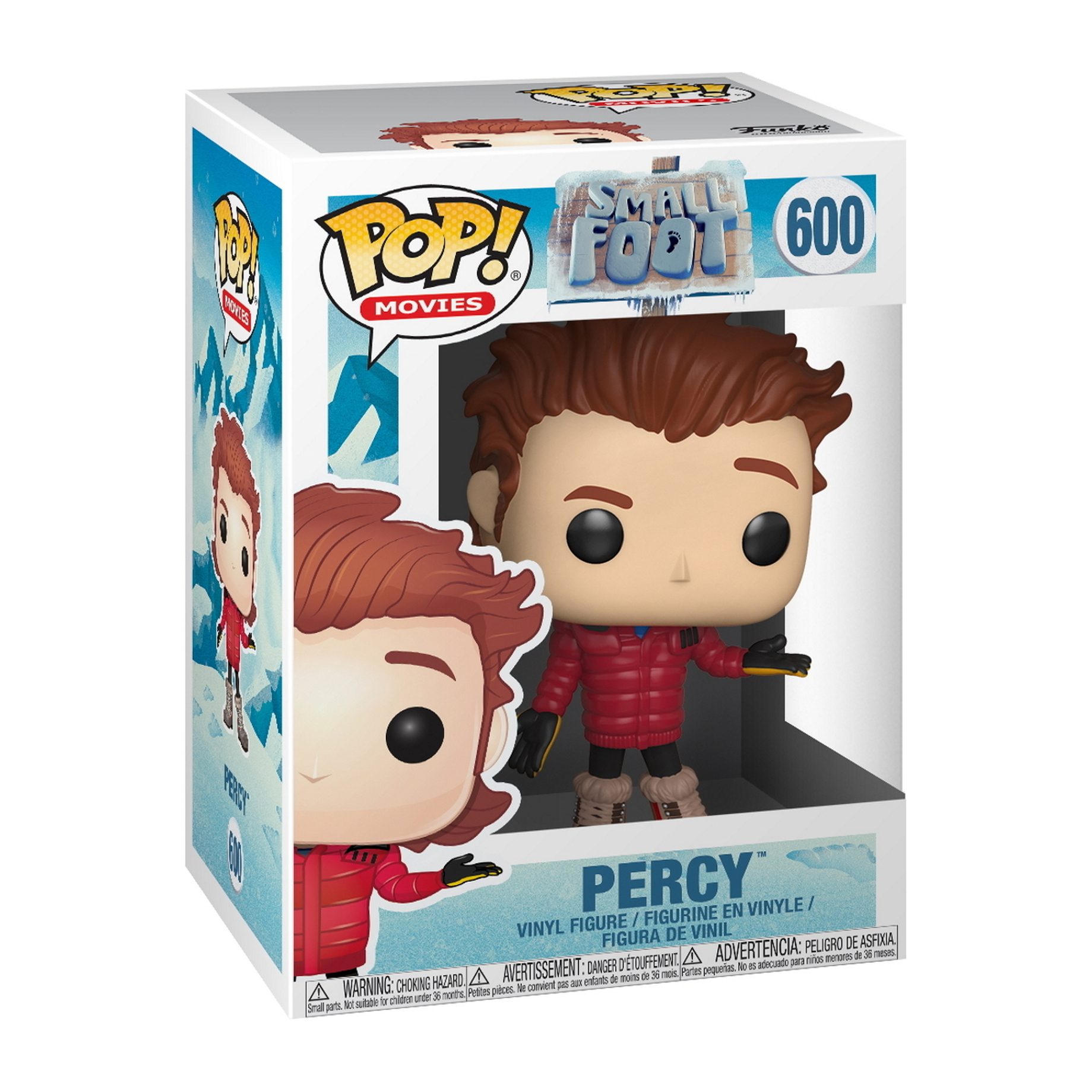 Figura di Percy in scatola, giacca rossa, capelli castani. L'arte della scatola mostra il personaggio e lo sfondo innevato.