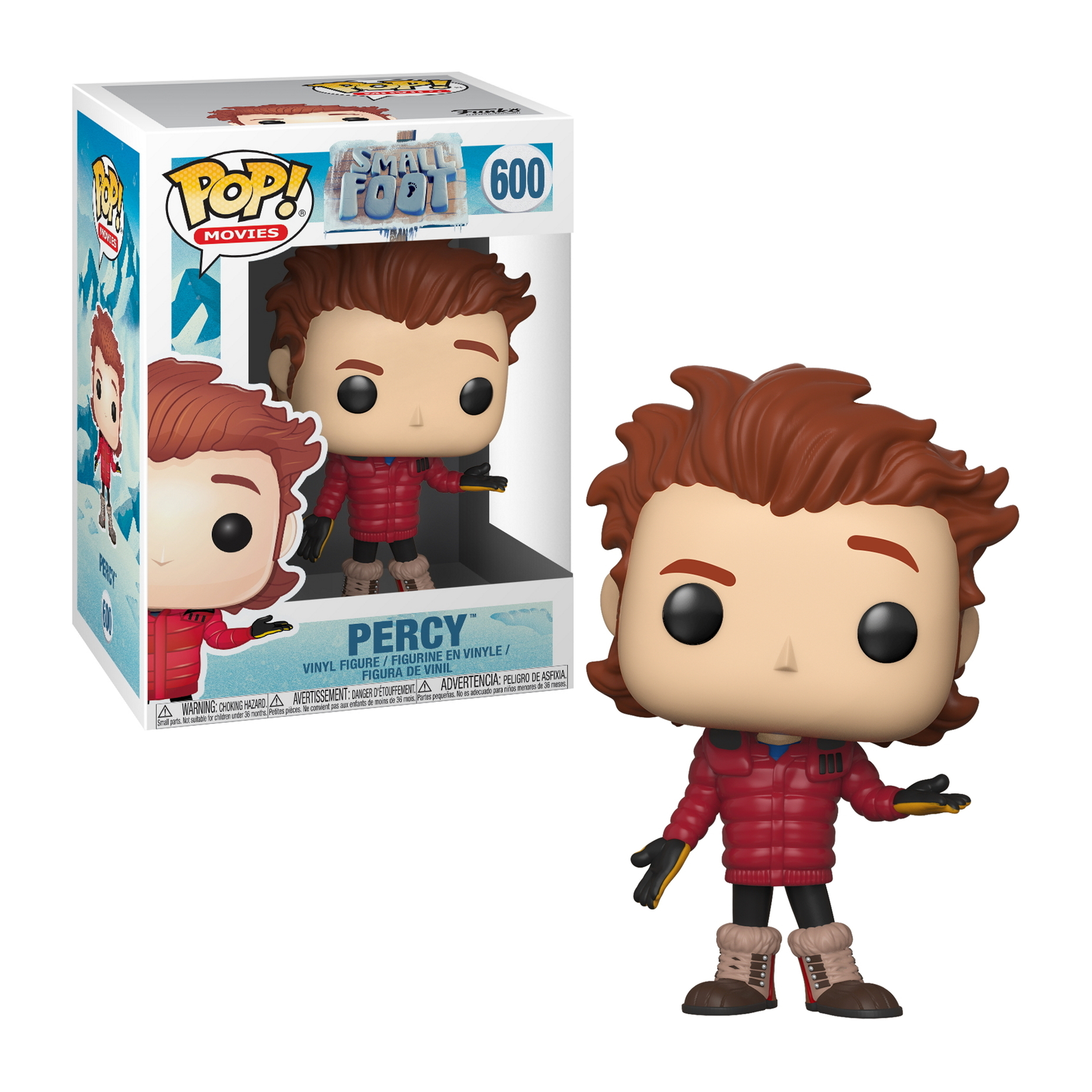 Figura Funko Pop Percy con scatola. Giacca rossa, capelli castani e mani tese.