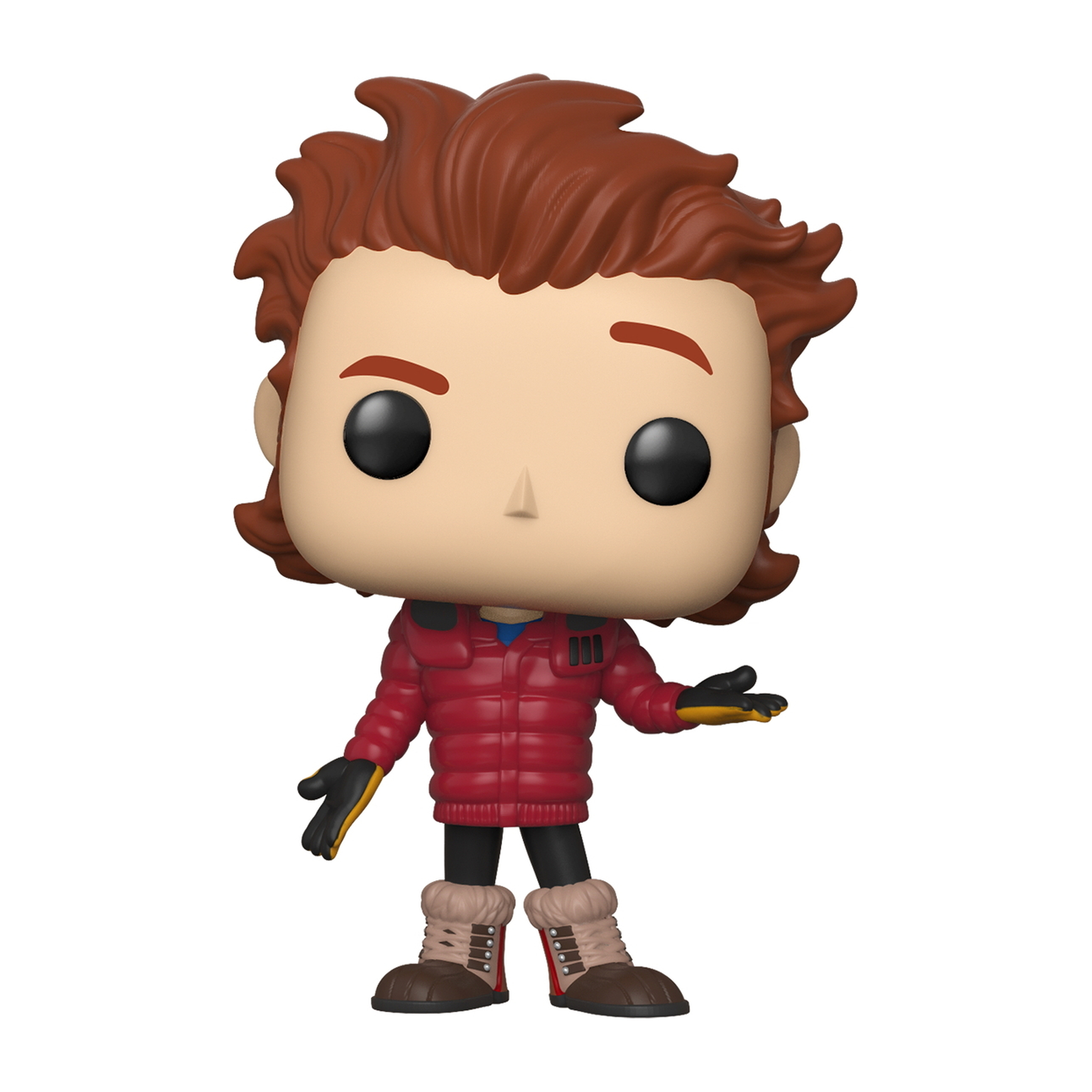 Personaggio Funko Pop, giacca rossa, capelli castani, guanti neri, stivali beige, sfondo bianco.