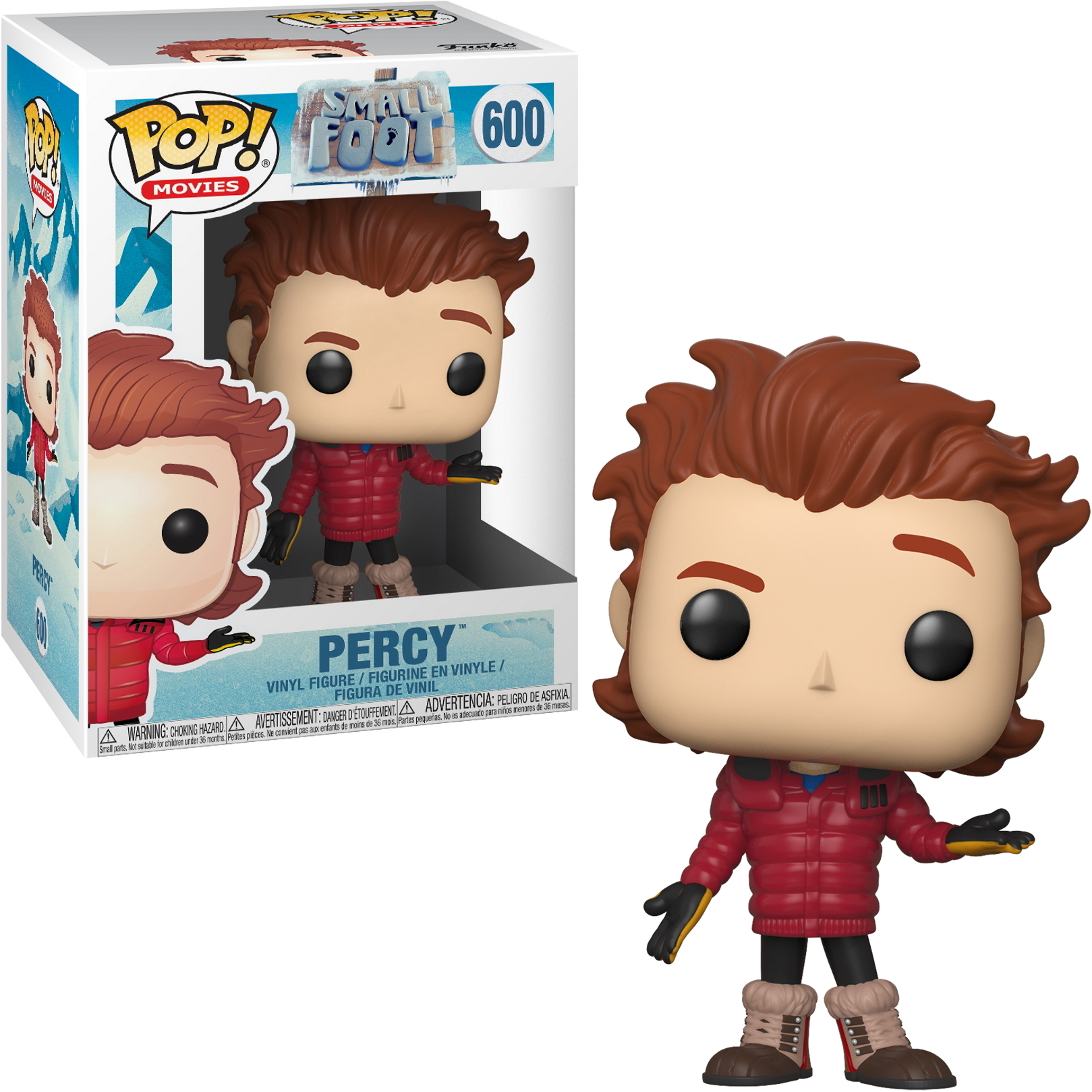 Funko Pop di Percy, giacca rossa, capelli castani, con una scatola a sinistra.