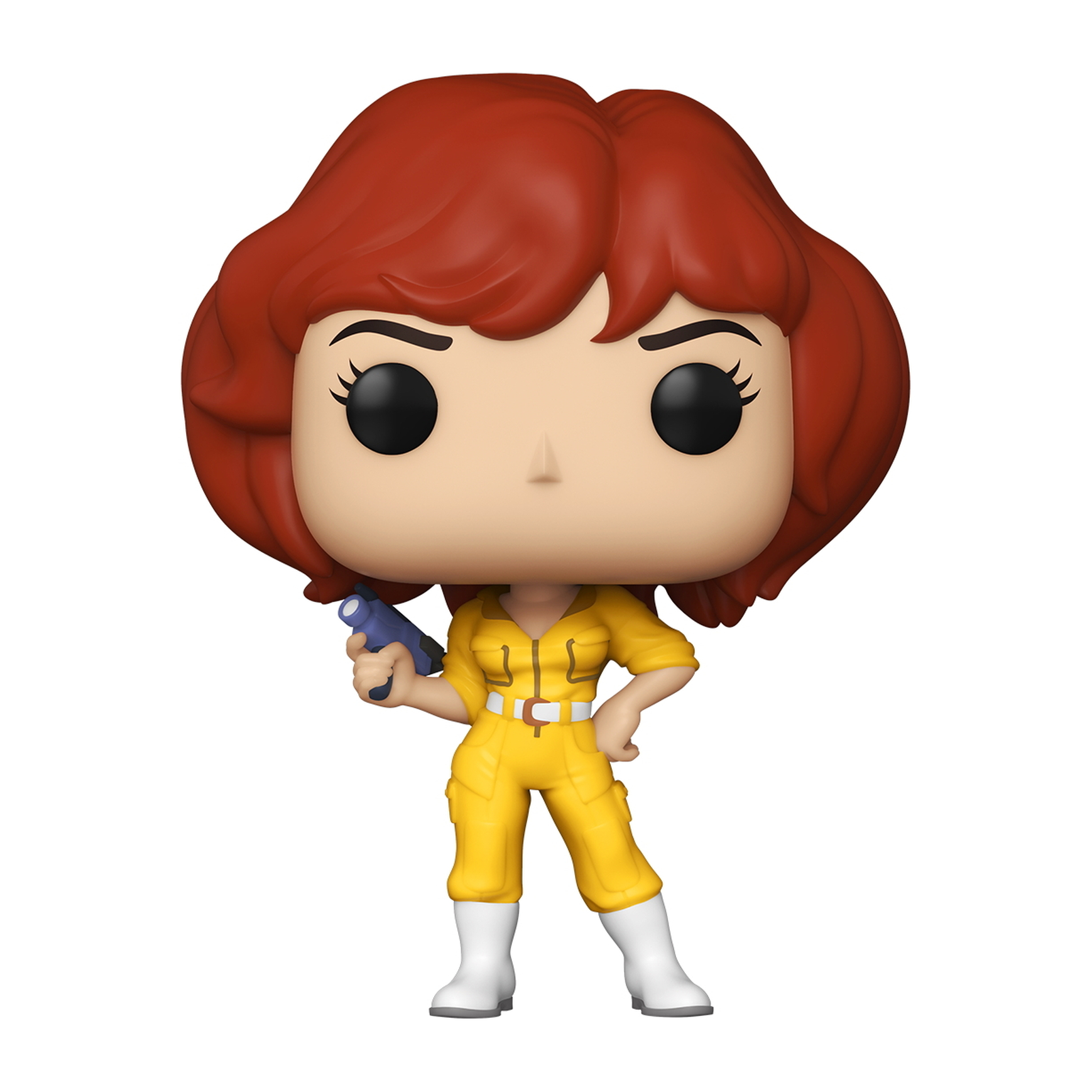April O'Neil Funko Pop Figur in einem gelben Overall, hält eine blaue Pistole, auf weißem Hintergrund.