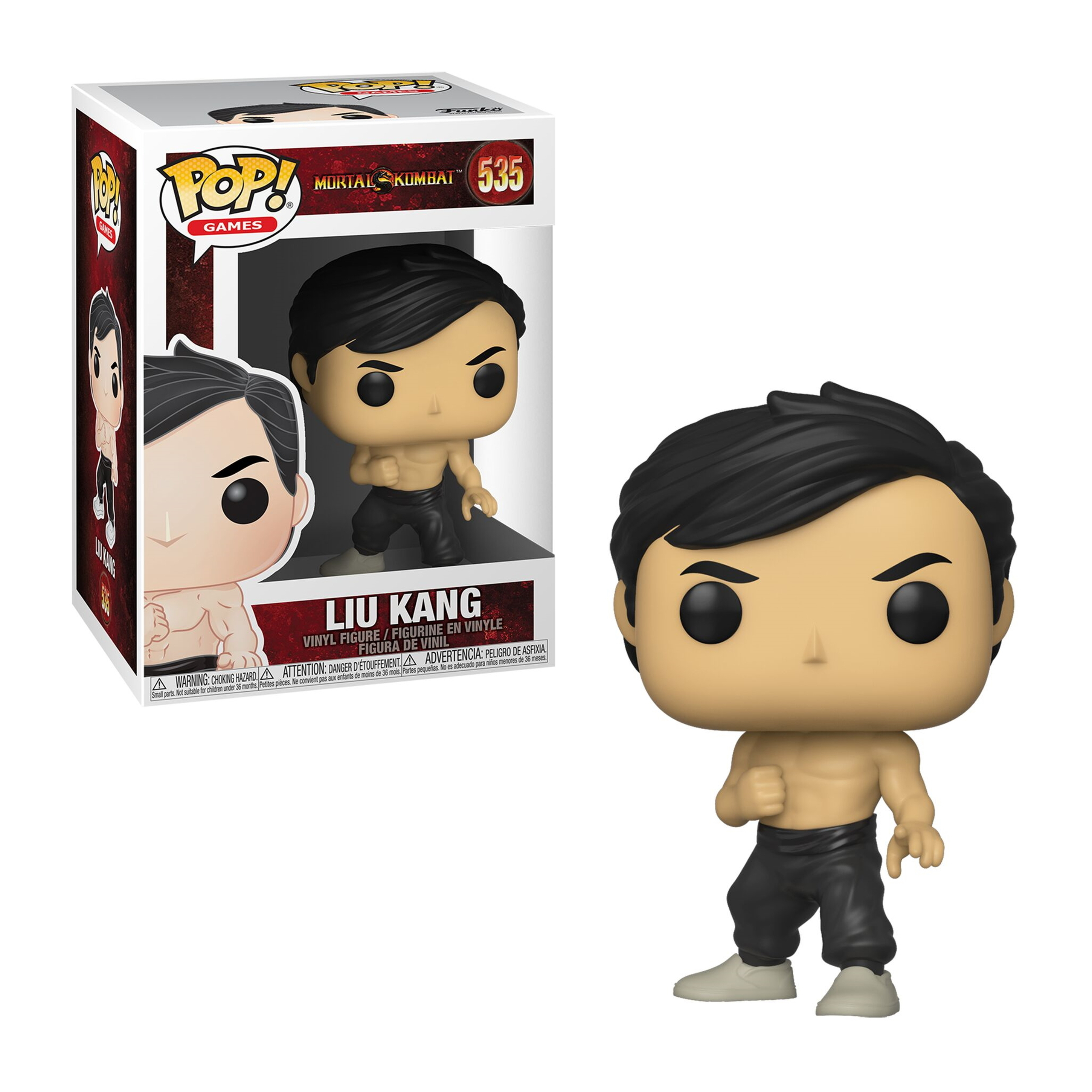 Liu Kang, eine Pop!-Vinylfigur, oberkörperfrei und mit geballten Fäusten. Die Box zeigt Figur und Spielnamen.