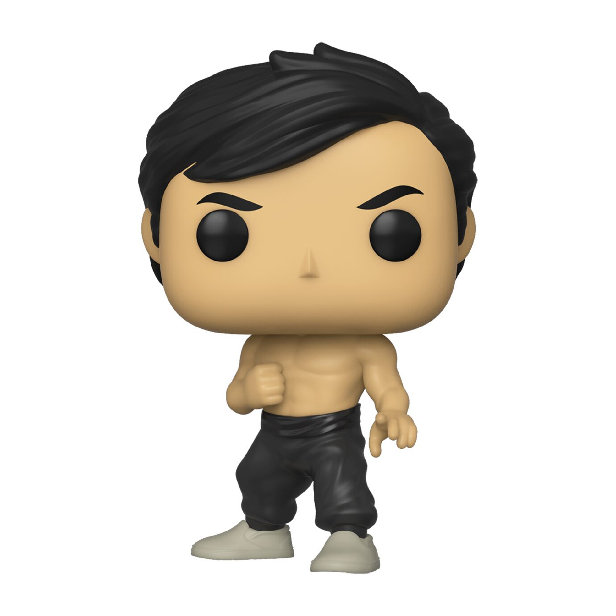 Bruce Lee Funko Pop Figur in Kampfpose, ohne Hemd, mit schwarzen Haaren und Hose.