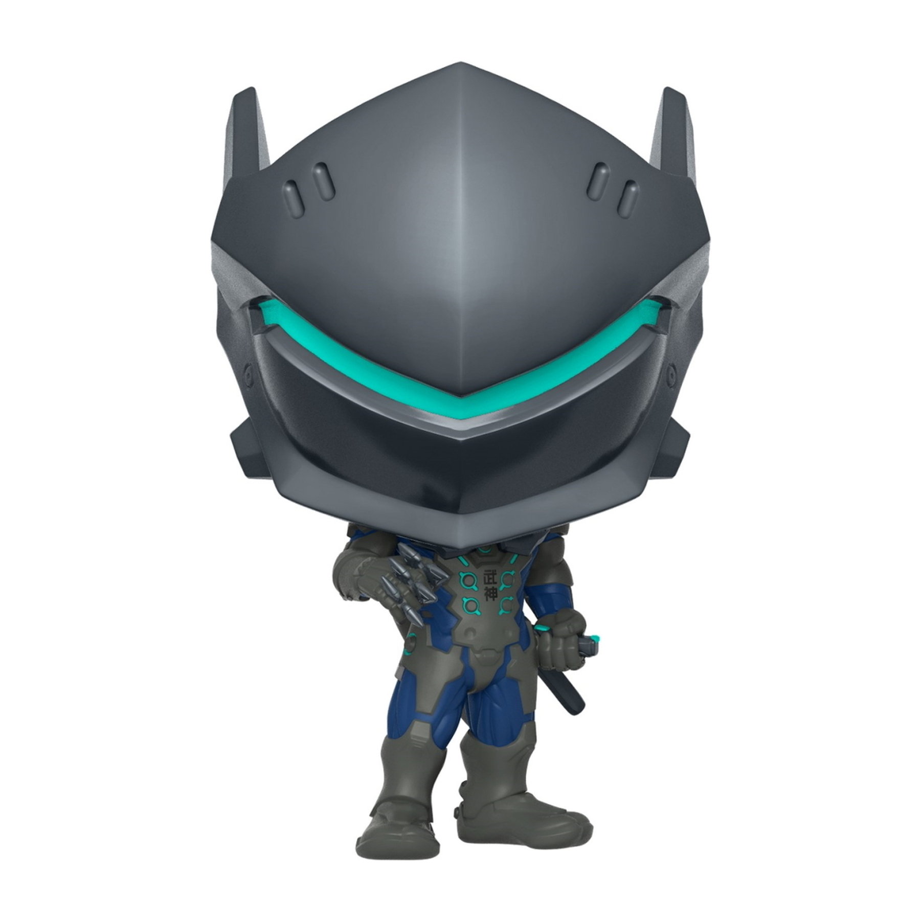 Genji Overwatch Funko Pop Figur. Graue und blaue Rüstung, hält ein Schwert. Weißer Hintergrund.