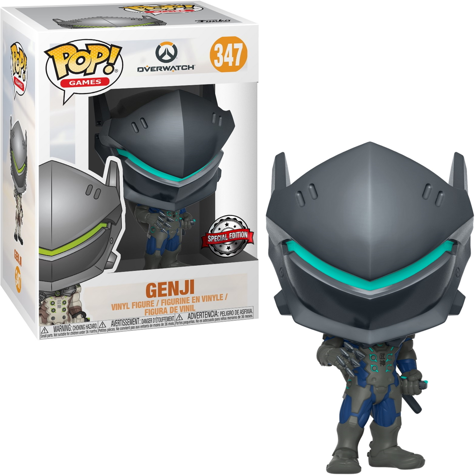 Funko Pop von Genji, einem Charakter aus Overwatch, mit Helm und Rüstung.