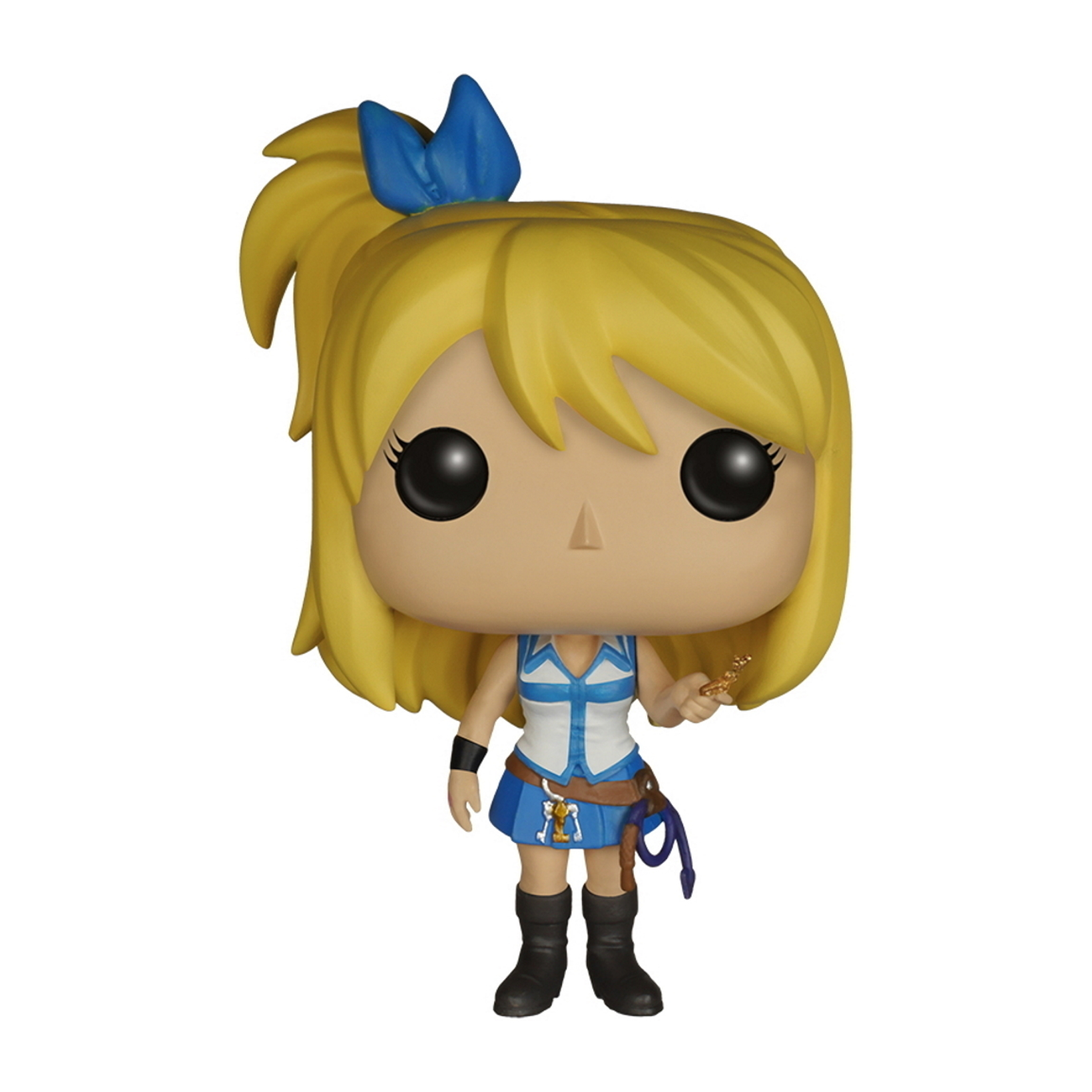 Funko Pop-Figur von Lucy Heartfilia mit blonden Haaren und blauer Schleife, hält einen Schlüssel.