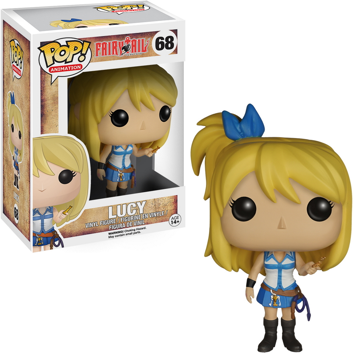 Eine Frau mit blonden Haaren und einer blauen Schleife. Sie trägt ein blaues und weißes Kleid. Box mit gleicher Figur.