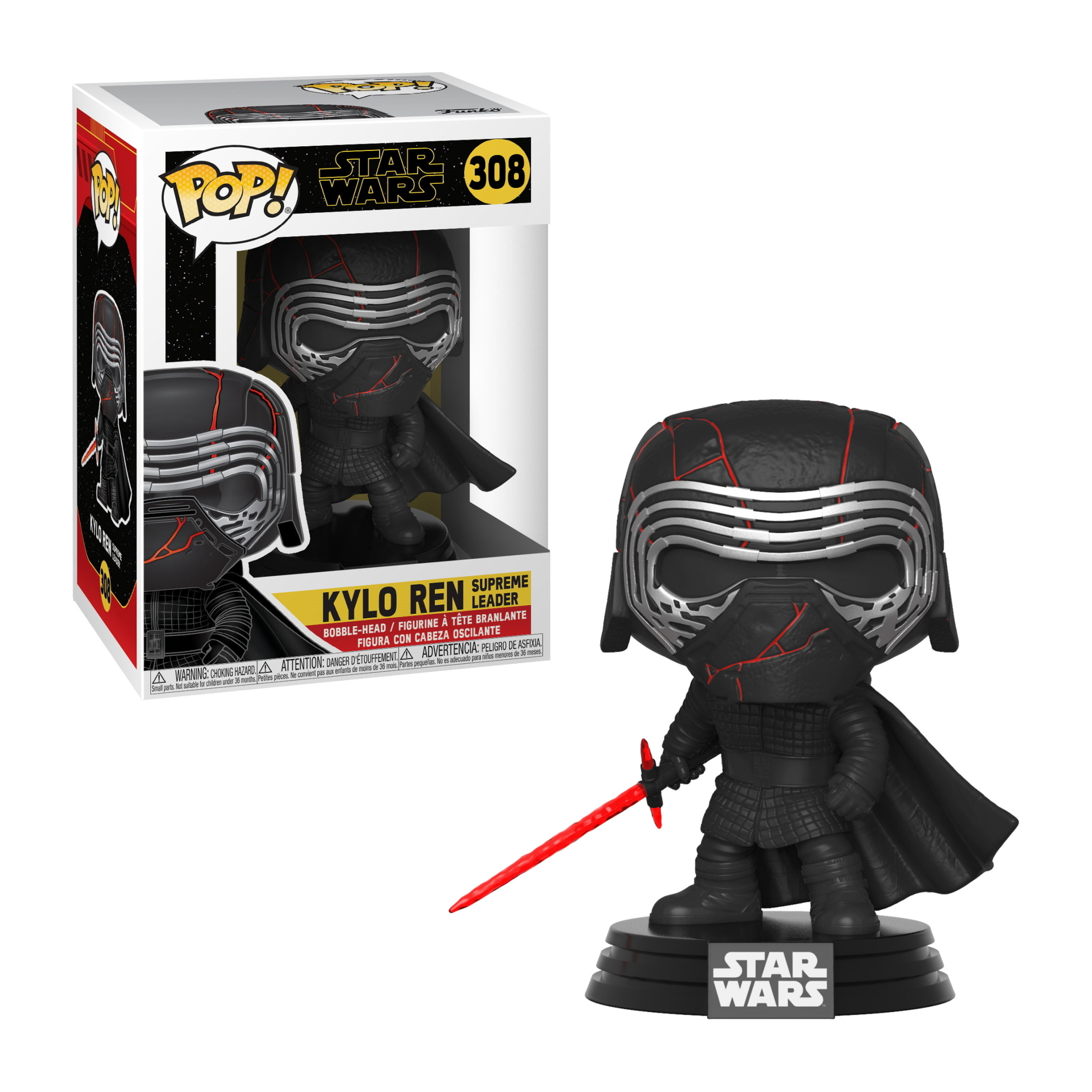Figura Funko Pop di Kylo Ren con spada laser rossa e scatola. La figura è nera con dettagli rossi e mantello.