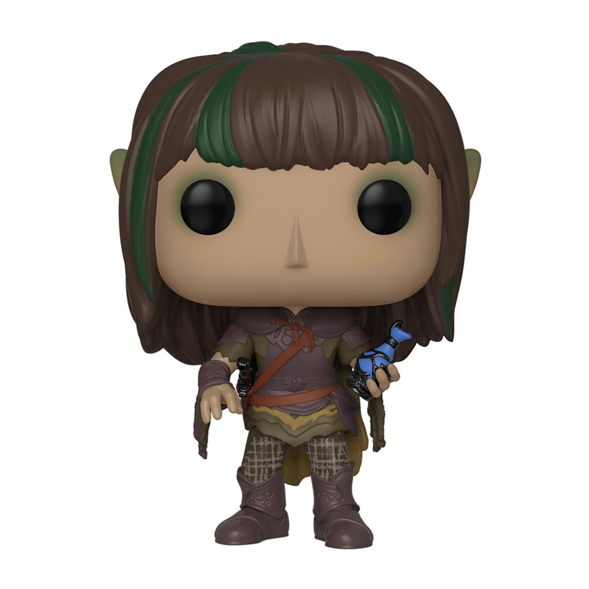 Funko Pop einer elfenartigen Figur mit grün-braunen Haaren, die einen blauen Gegenstand hält.