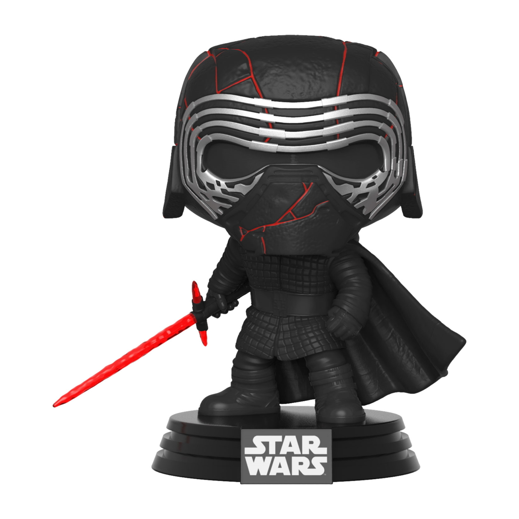 Figura Funko Pop di Kylo Ren con una spada laser rossa. La base dice STAR WARS.