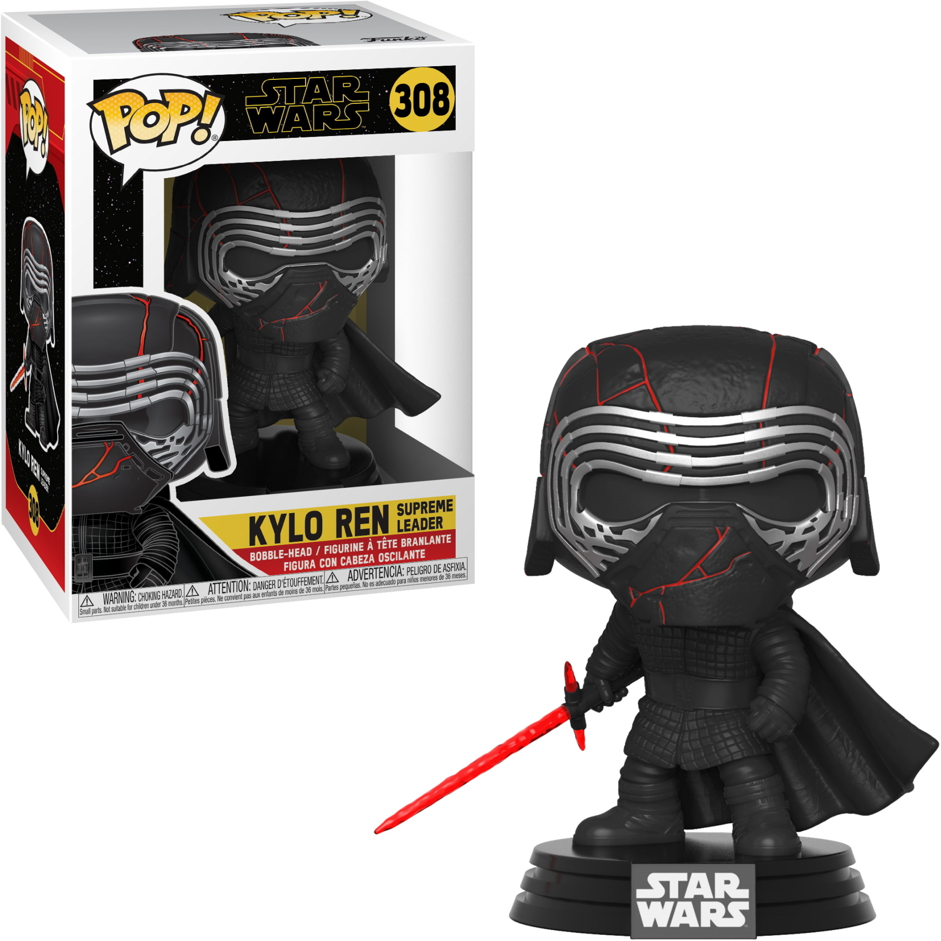 Scatola e figura Funko Pop di Kylo Ren da Star Wars. La figura ha una spada laser rossa.