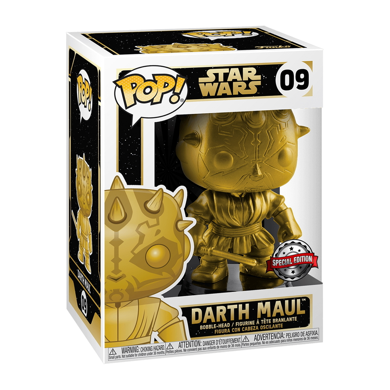 Goldene Darth Maul Figur in einer Box mit Lichtschwert.