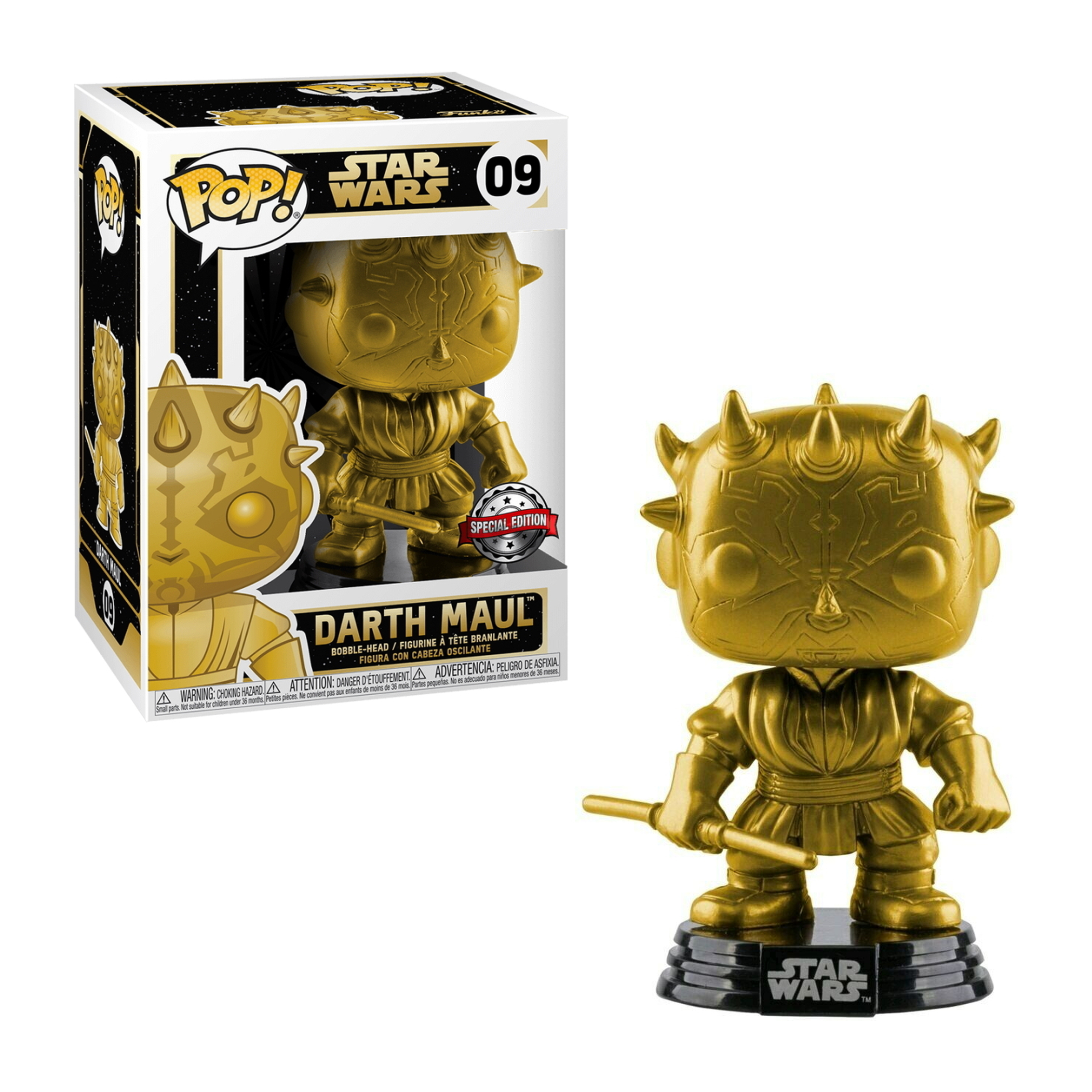 Goldene Darth Maul Figur mit Lichtschwert, stehend auf schwarzer Basis.