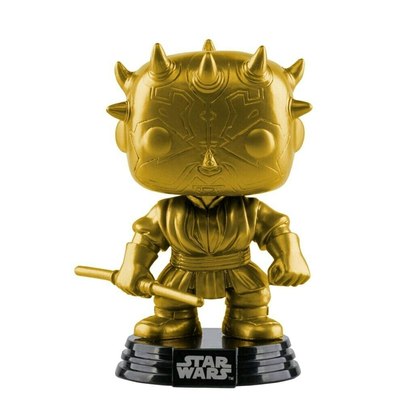 Goldene Darth Maul Figur mit Doppelklingen-Lichtschwert. Schwarze Basis mit Star Wars Logo. Stacheln am Kopf.
