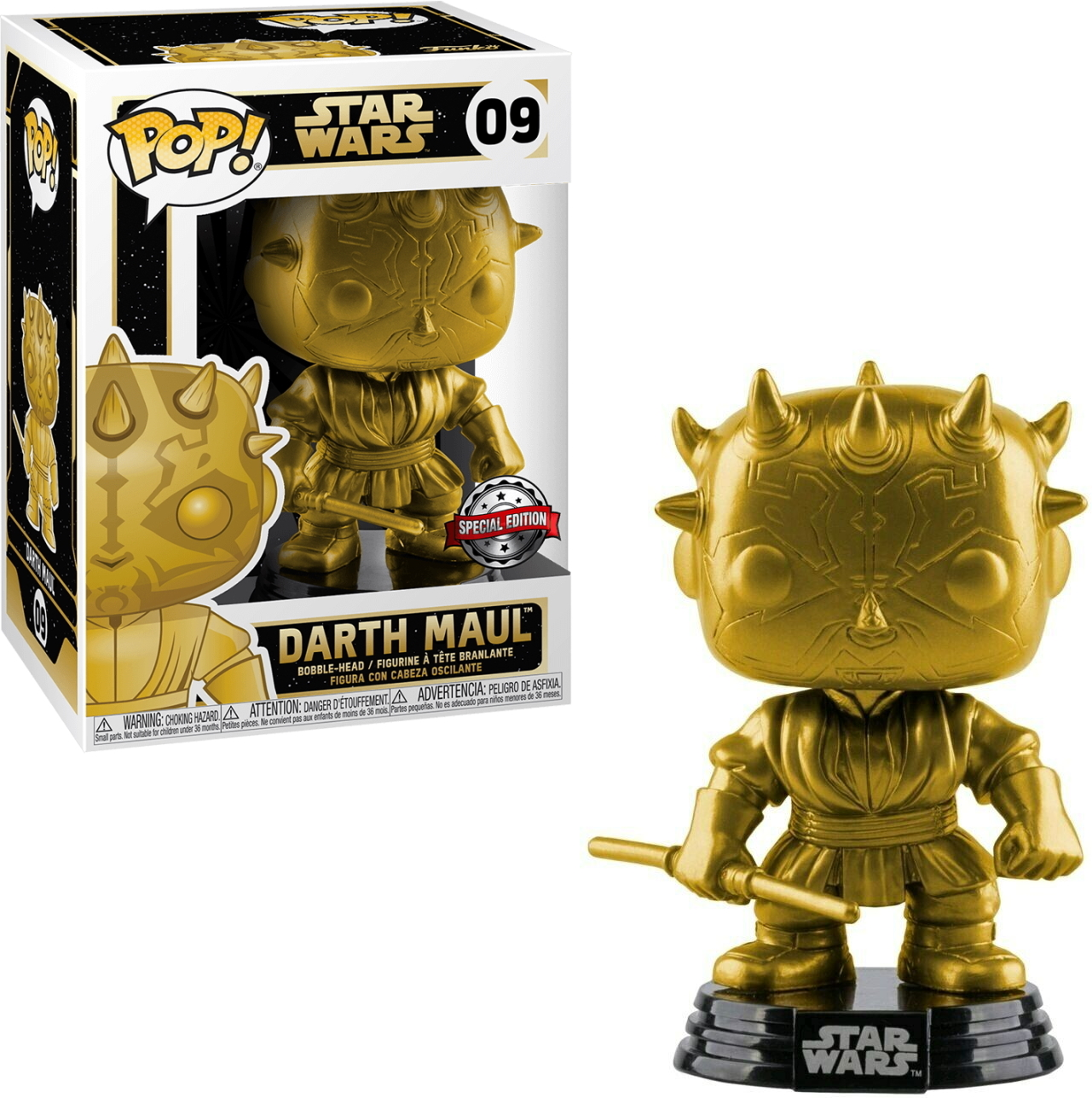 Goldene Darth Maul Figur mit Lichtschwert, auf schwarzer Star Wars Basis, in einer Box.
