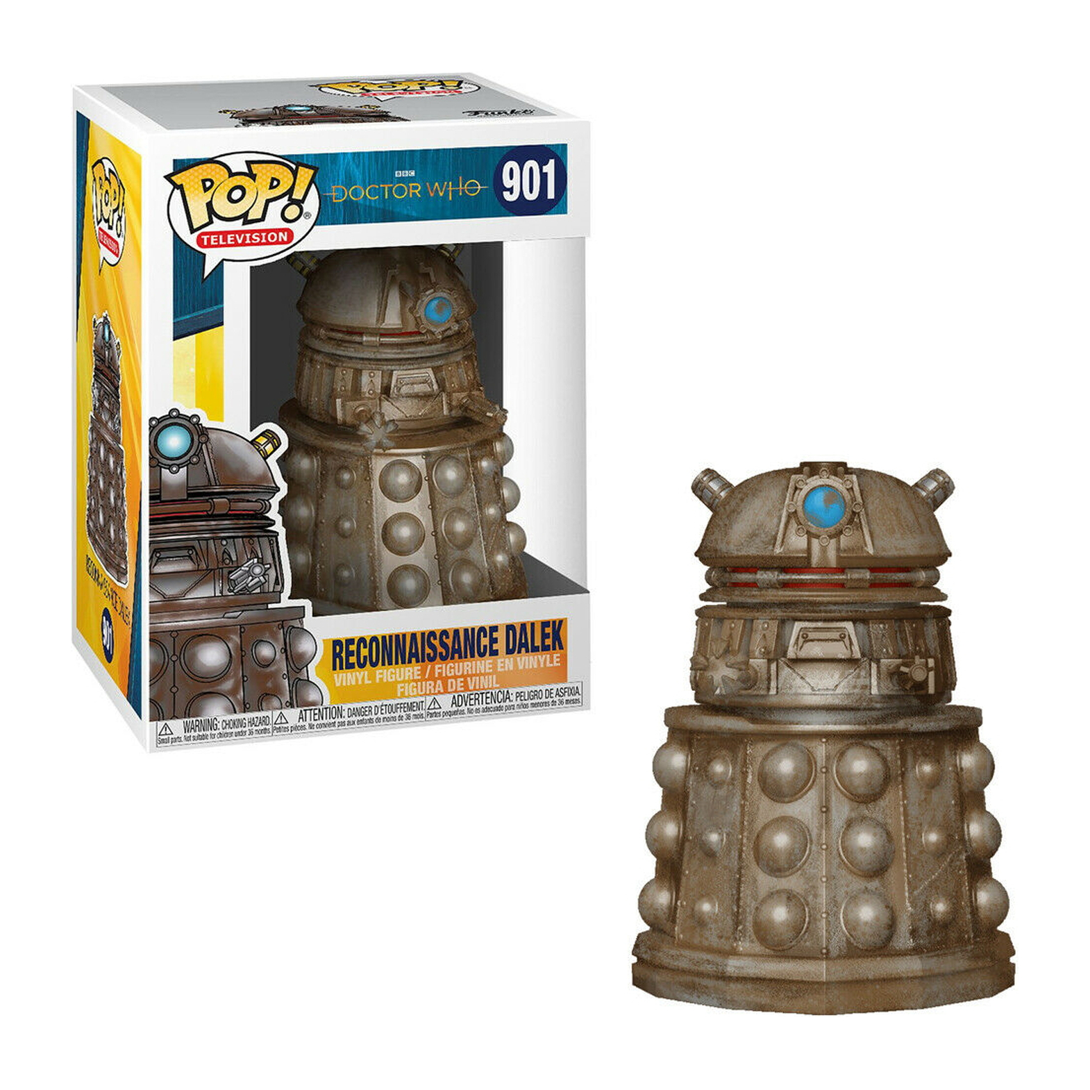 Dalek Figur. Ein bronze-farbener Roboter mit Kopf-montierter Waffe und blauem Licht. Box-Art sichtbar.