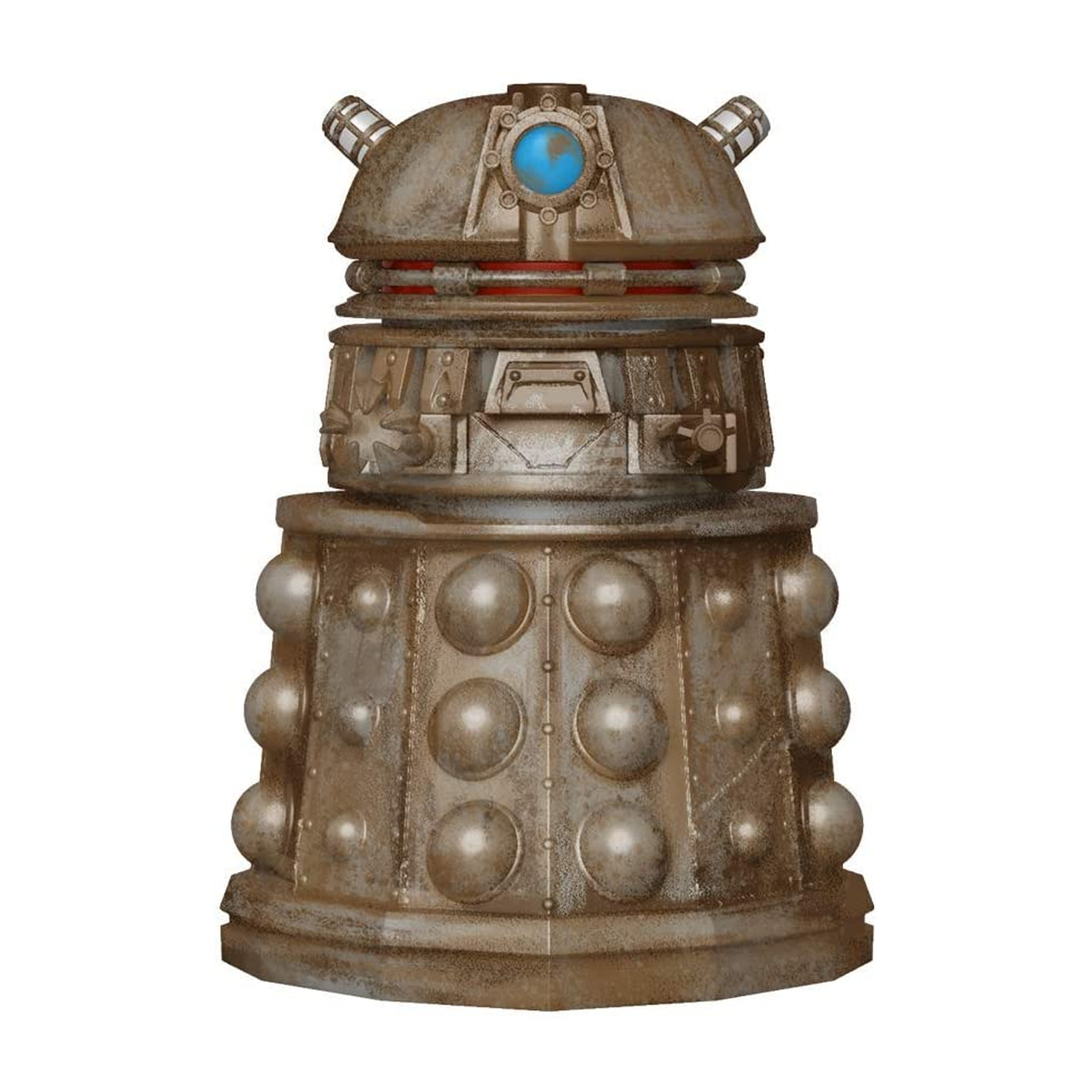 Dalek-Figur, metallischer Körper, blaues Augenstiel und zwei Antennen. Weißer Hintergrund.