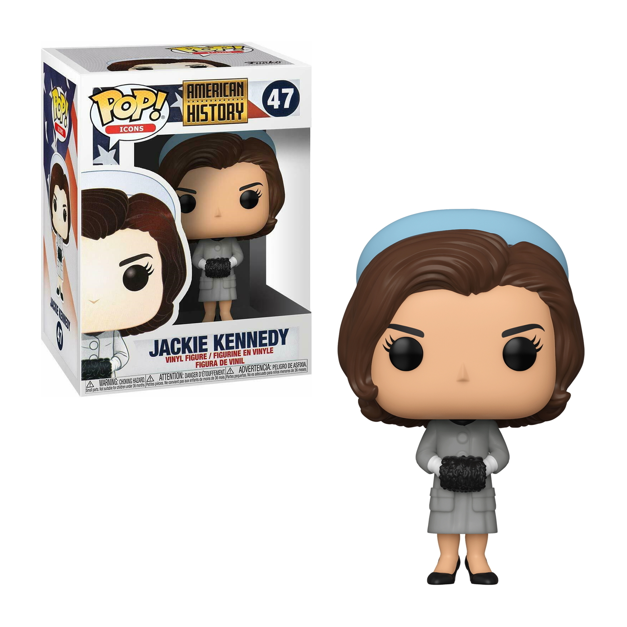 Figurka Funko Pop Jackie Kennedy w jasnoszarym stroju, niebieskim kapeluszu i z czarną torebką.