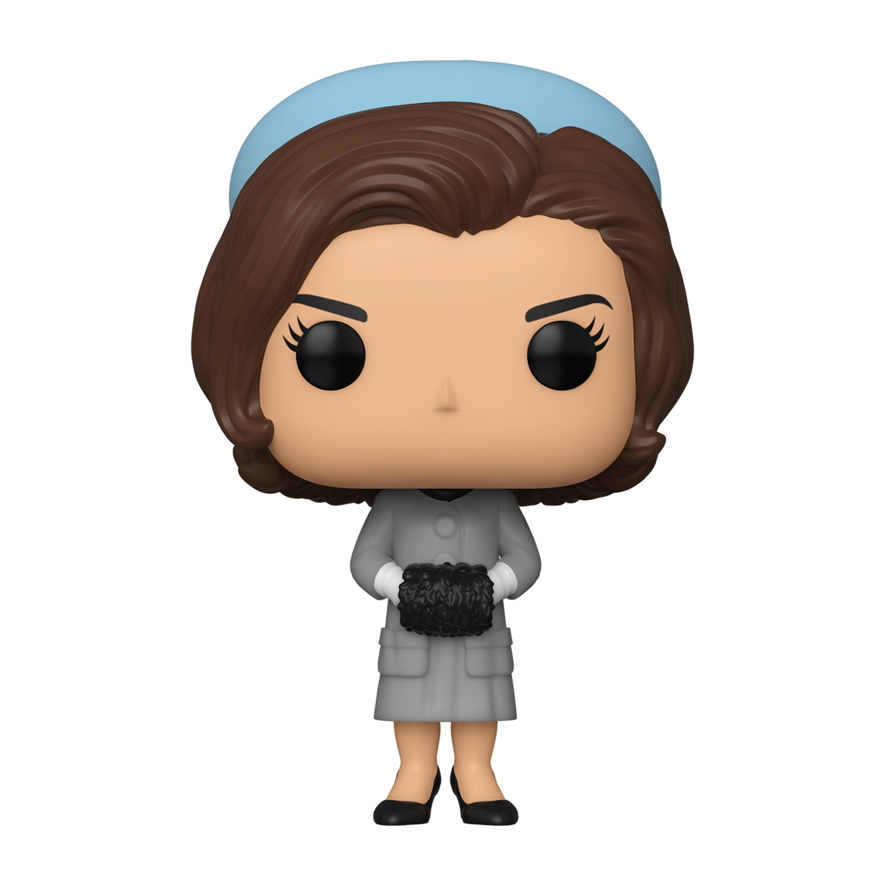 Figurka Funko Pop kobiety w szarej sukience i niebieskim kapeluszu, trzymającej czarną torebkę.