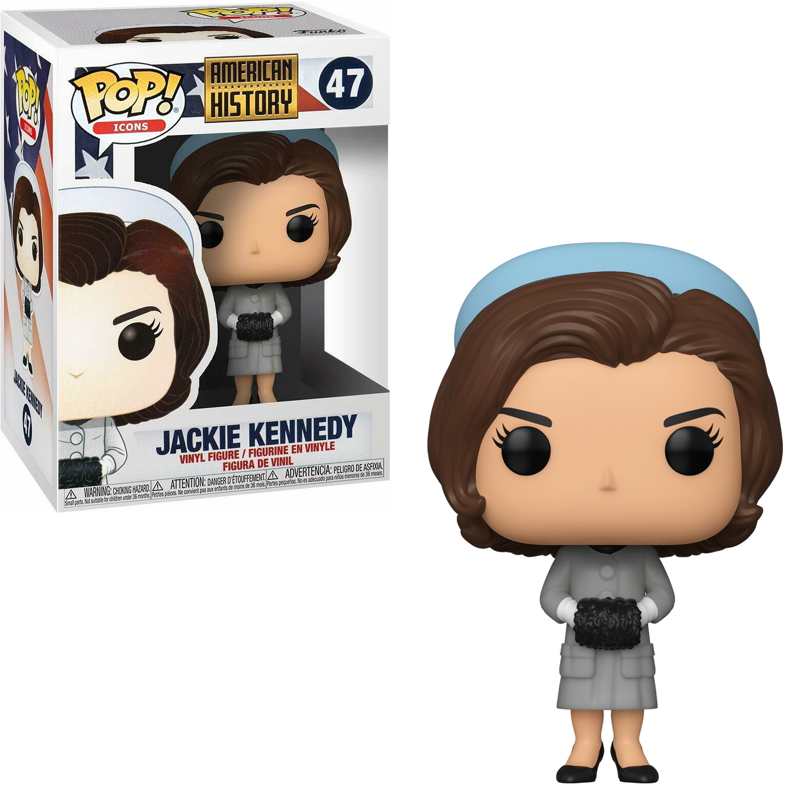Figurka Jackie Kennedy Funko Pop z pudełkiem. Jackie ma niebieski kapelusz i szary płaszcz.