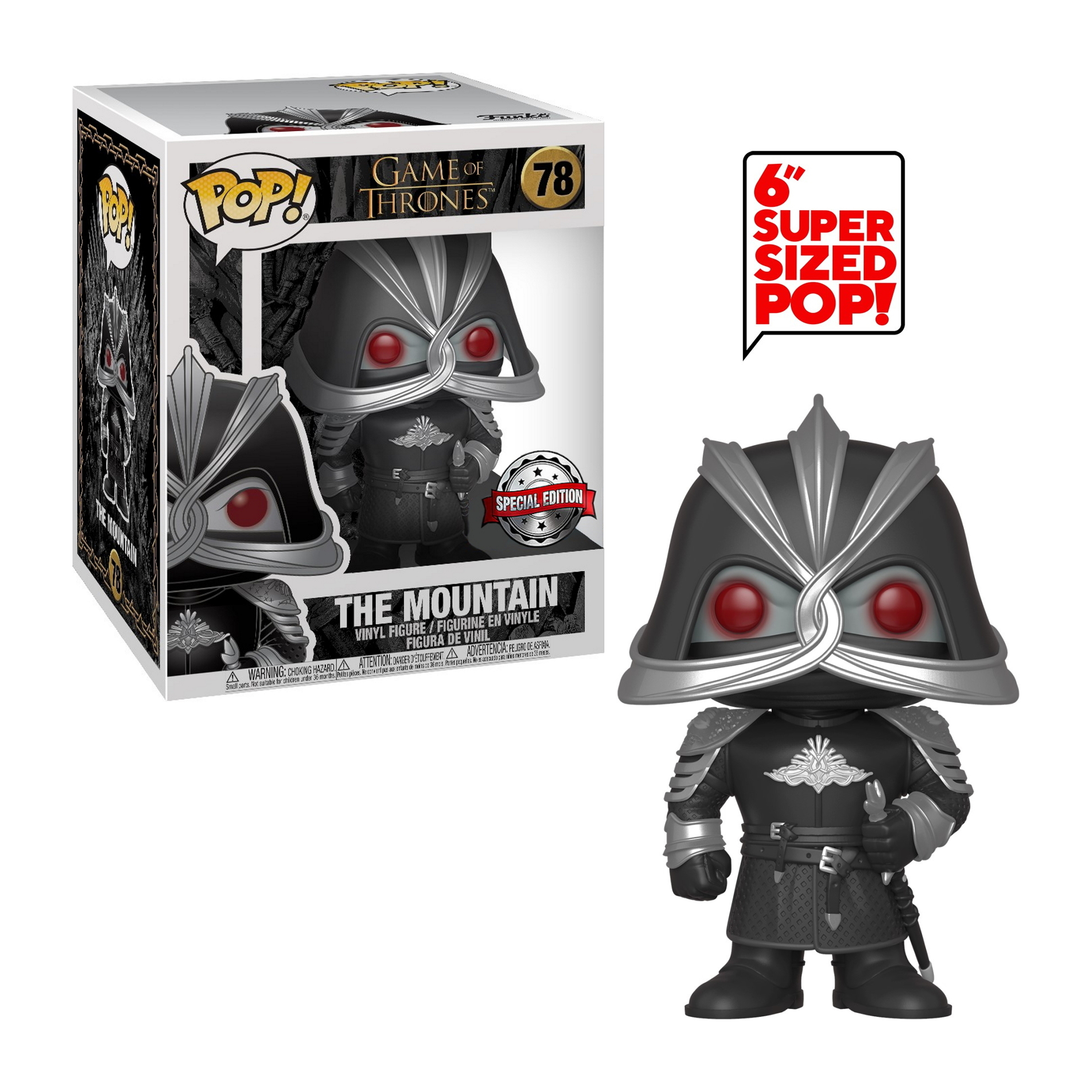 The Mountain Funko Pop Figur, schwarze Rüstung, rote Augen, Helm, Schachtel im Hintergrund.