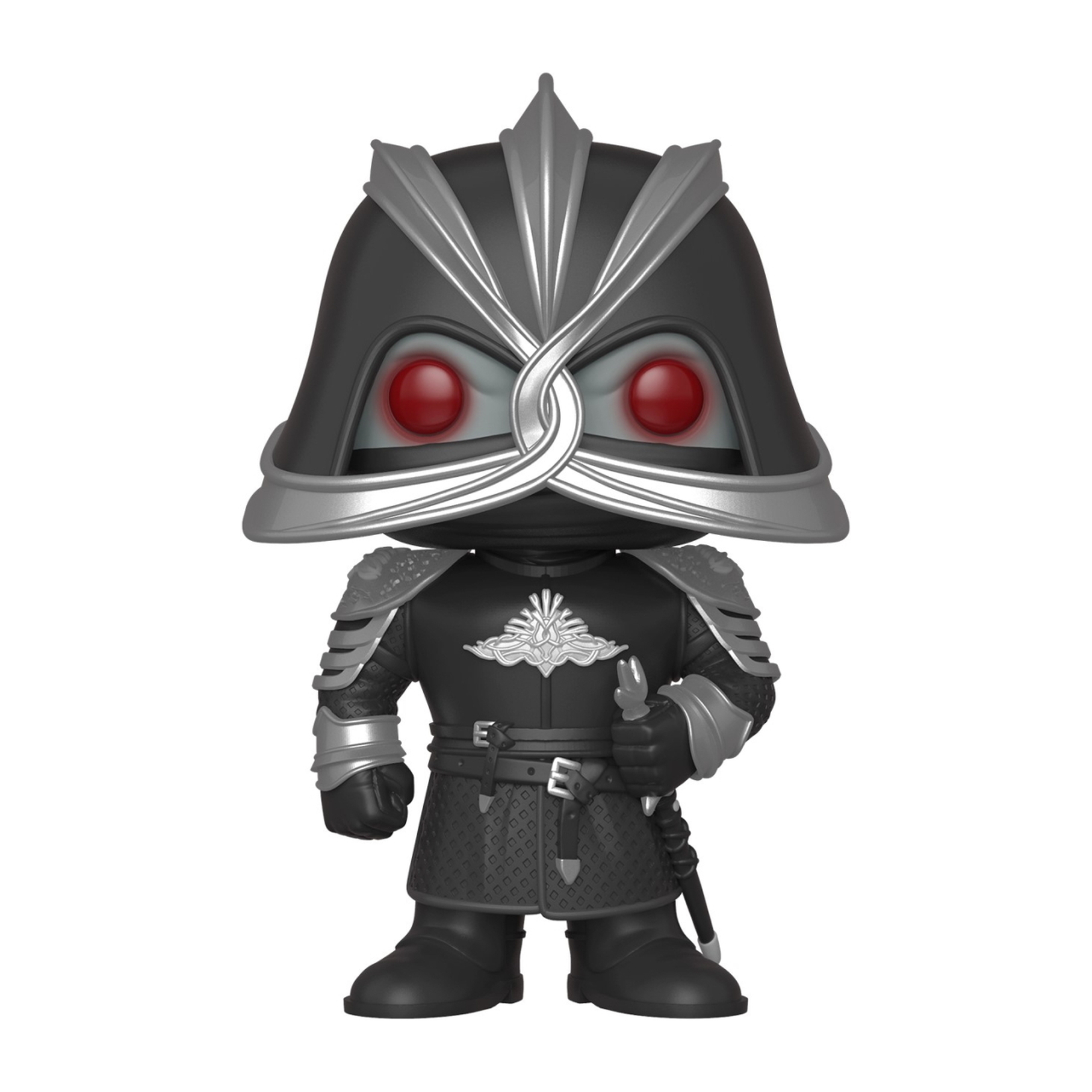 Night King Game of Thrones Funko Pop Figur, schwarze Rüstung mit silbernen Details und roten Augen.