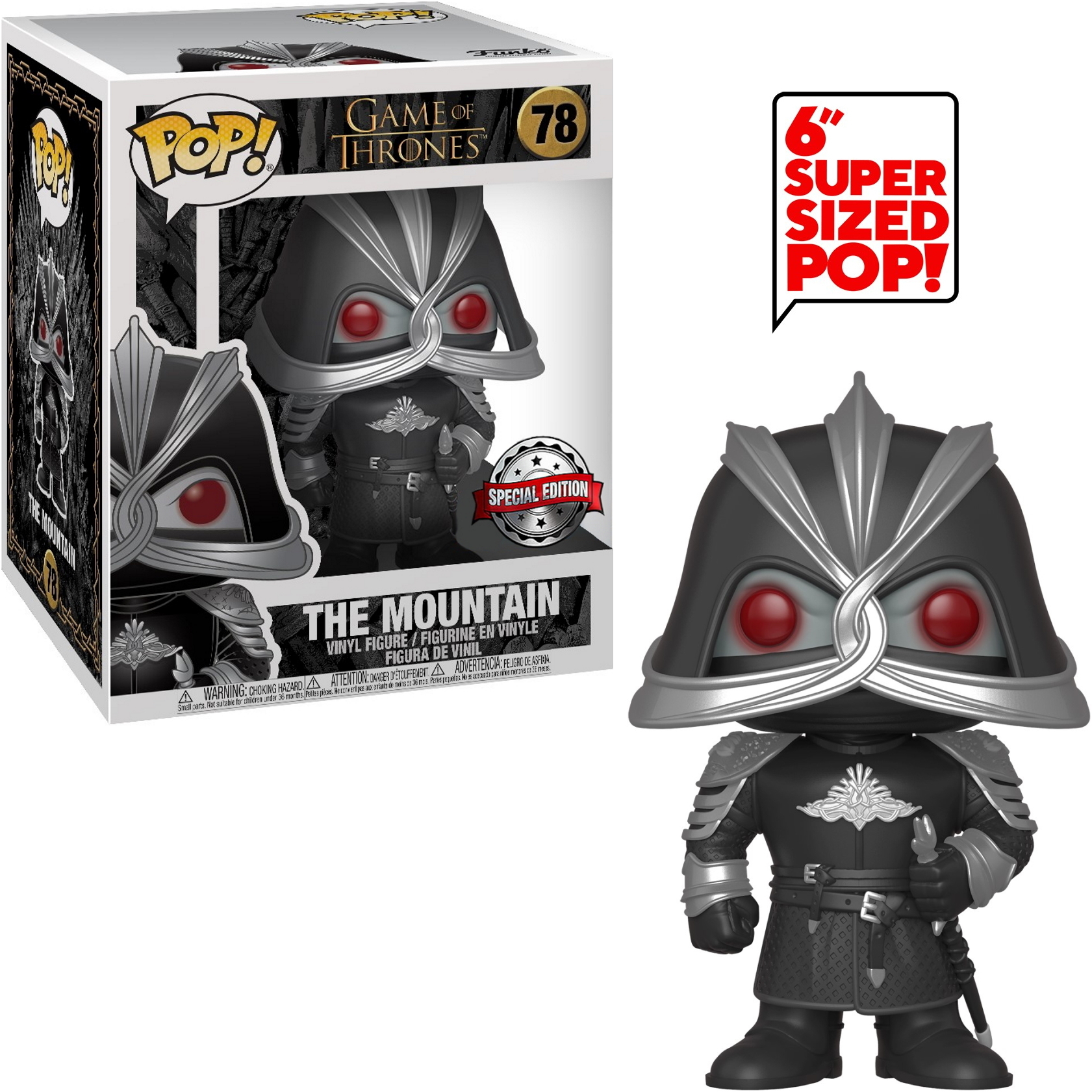 The Mountain Funko Pop! Figur. Schwarze Rüstung, silberne Akzente, rote Augen und Helm. Box enthalten.