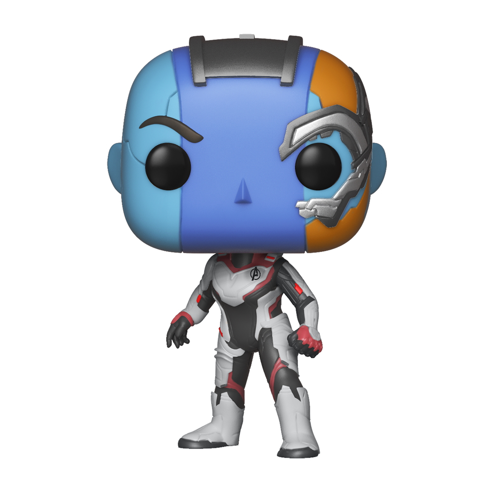 Figurka Funko Pop Nebuli. Niebiesko-pomarańczowa twarz, robotyczne oko, strój Avengers.