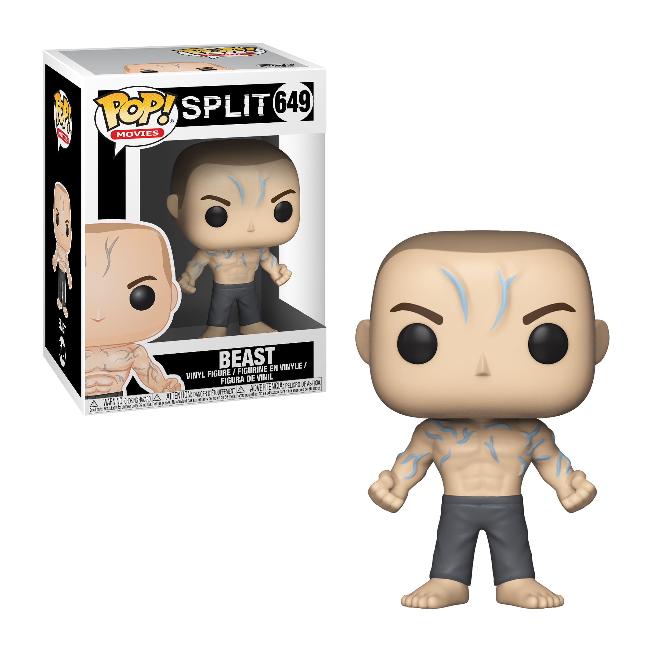 Funko Pop Figur von Beast aus Split, mit Box. Die Figur ist muskulös mit blauen Markierungen.