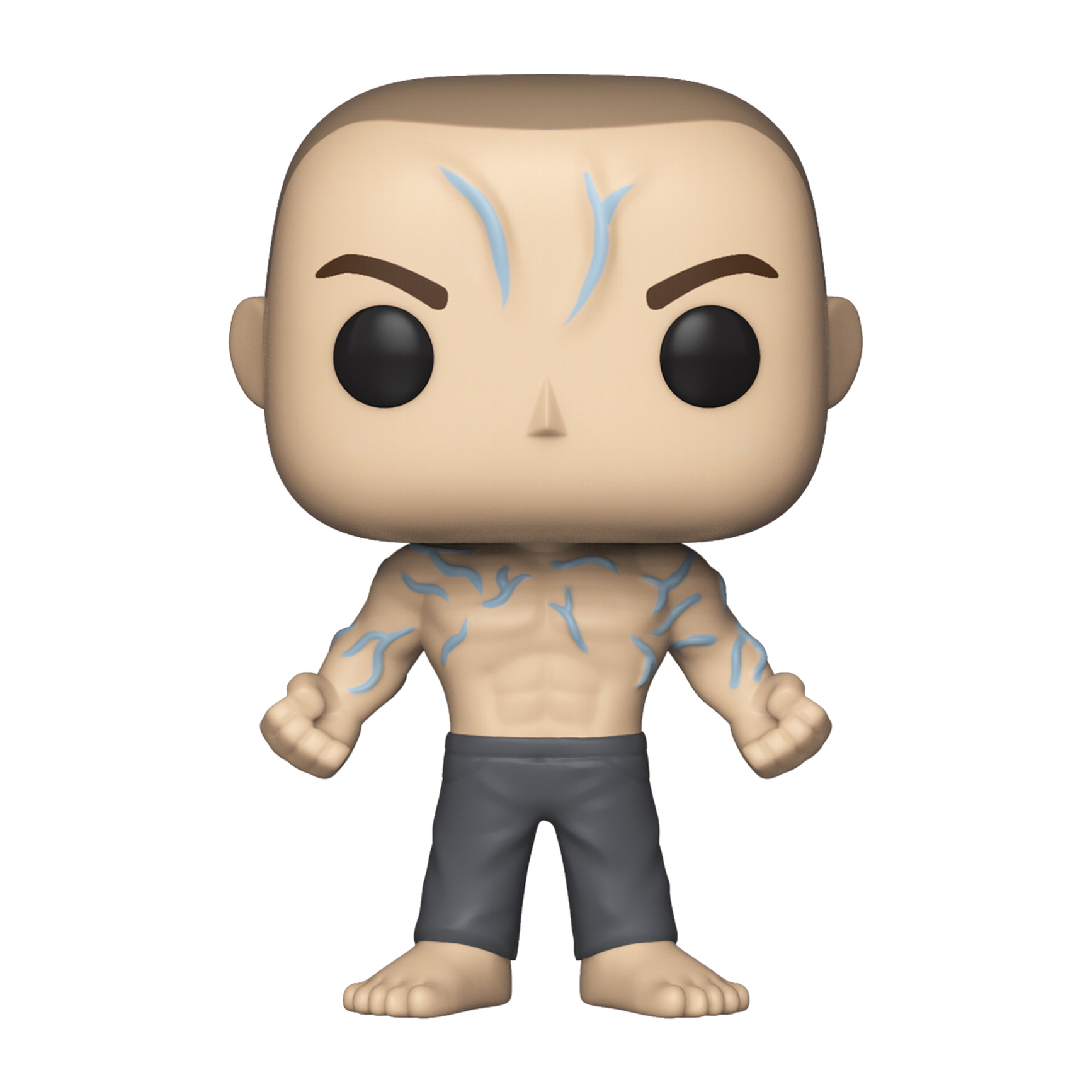 Funko Pop Figur. Glatze, blaue Tätowierungen. Graue Hose. Weißer Hintergrund.