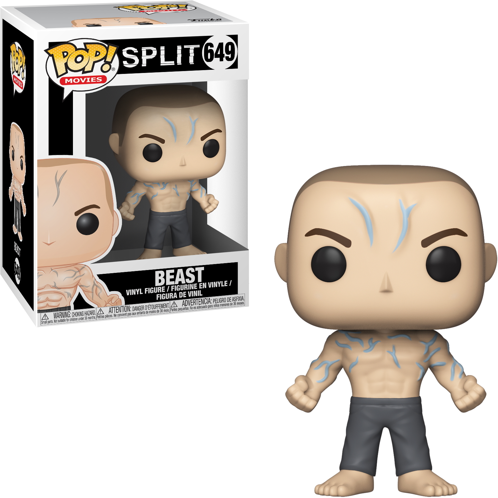 Beast Actionfigur in Box, graue Hose, blaue Linien auf der Haut.