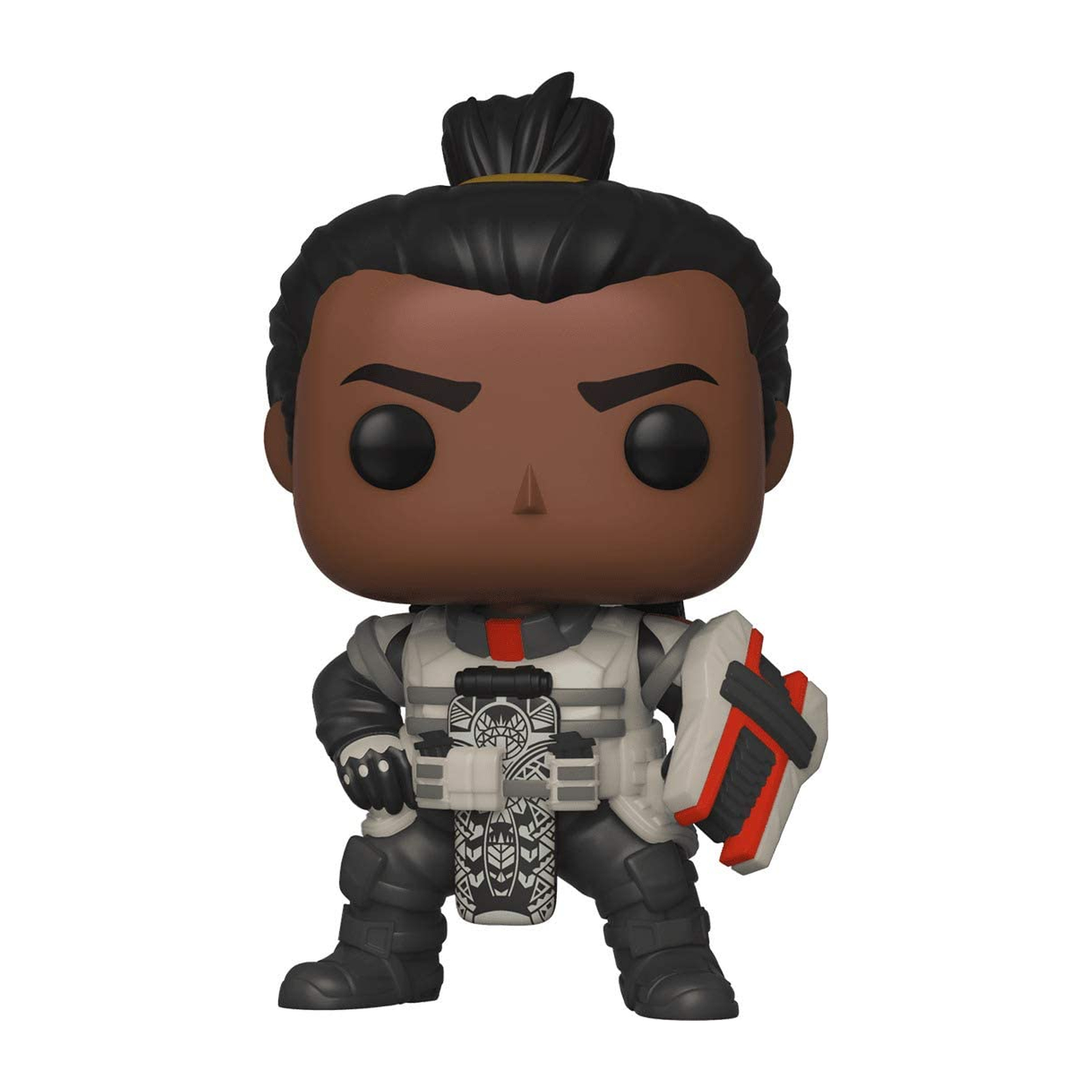Una figura Funko Pop di un uomo con la pelle scura, che indossa un'uniforme tattica con uno scudo. Ha uno chignon.