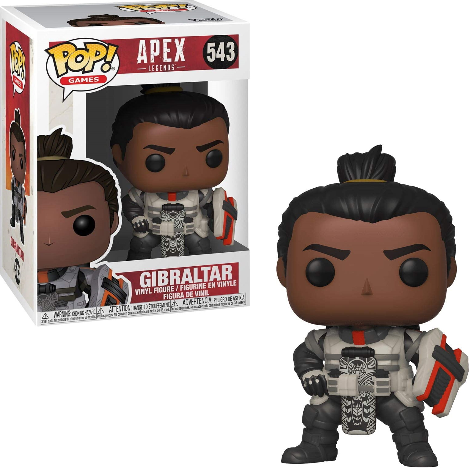 Figura Funko Pop di Gibilterra, con un completo nero e grigio, che tiene uno scudo e una pistola. Scatola inclusa.