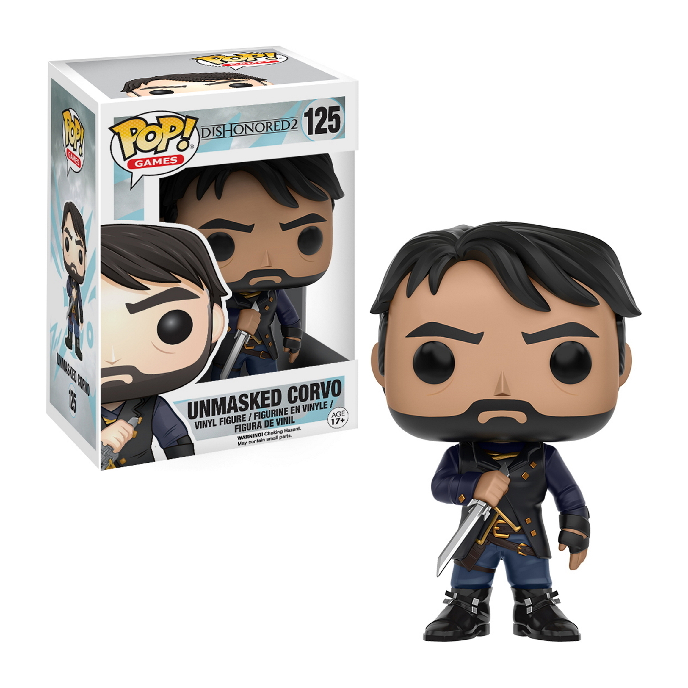 Unmaskierter Corvo Funko Pop Figur, die ein Messer hält, trägt ein dunkles Outfit, mit einer Box.