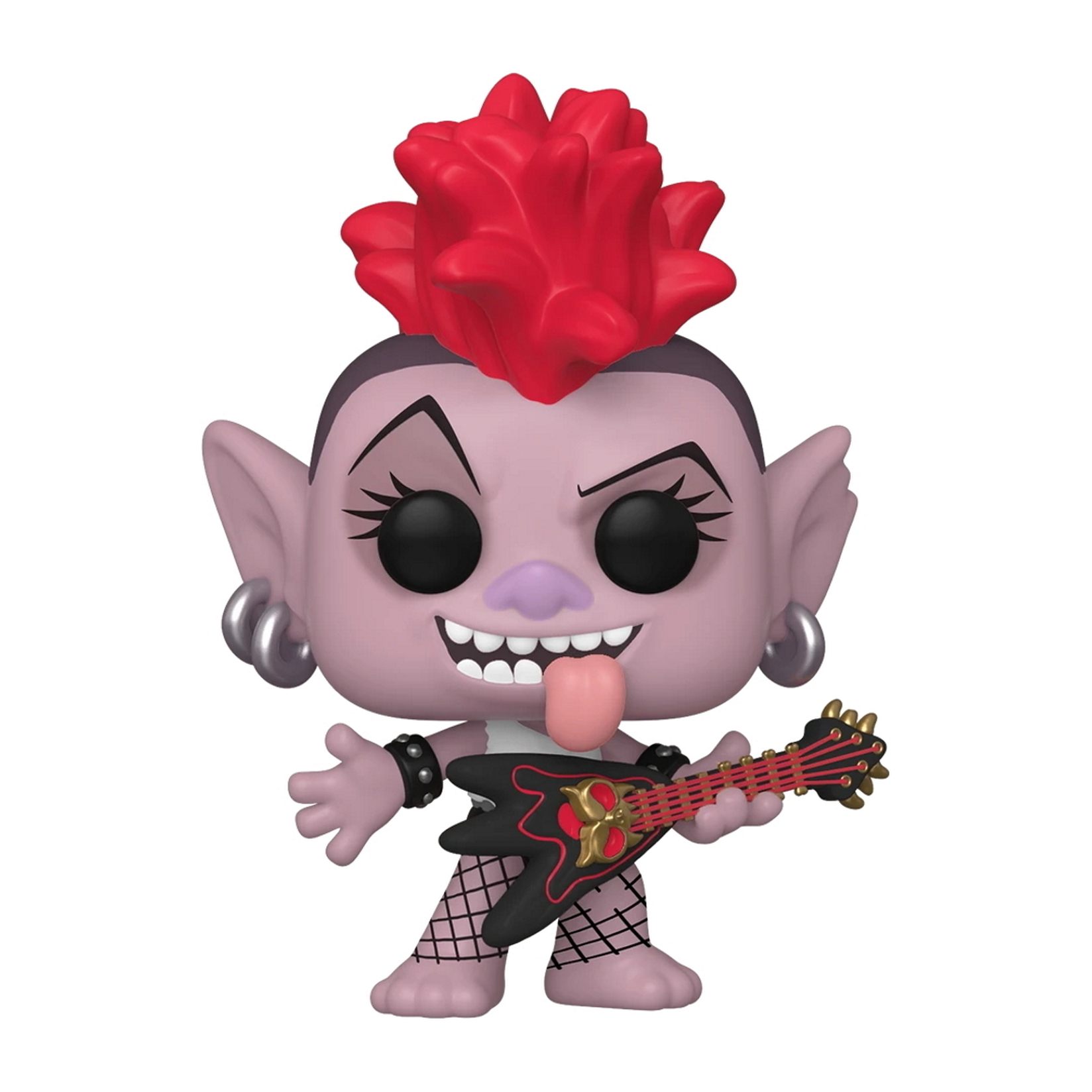 Figurka Funko Pop Trolla z rudymi włosami, gitarą i czarnym strojem, wystawiającego język.