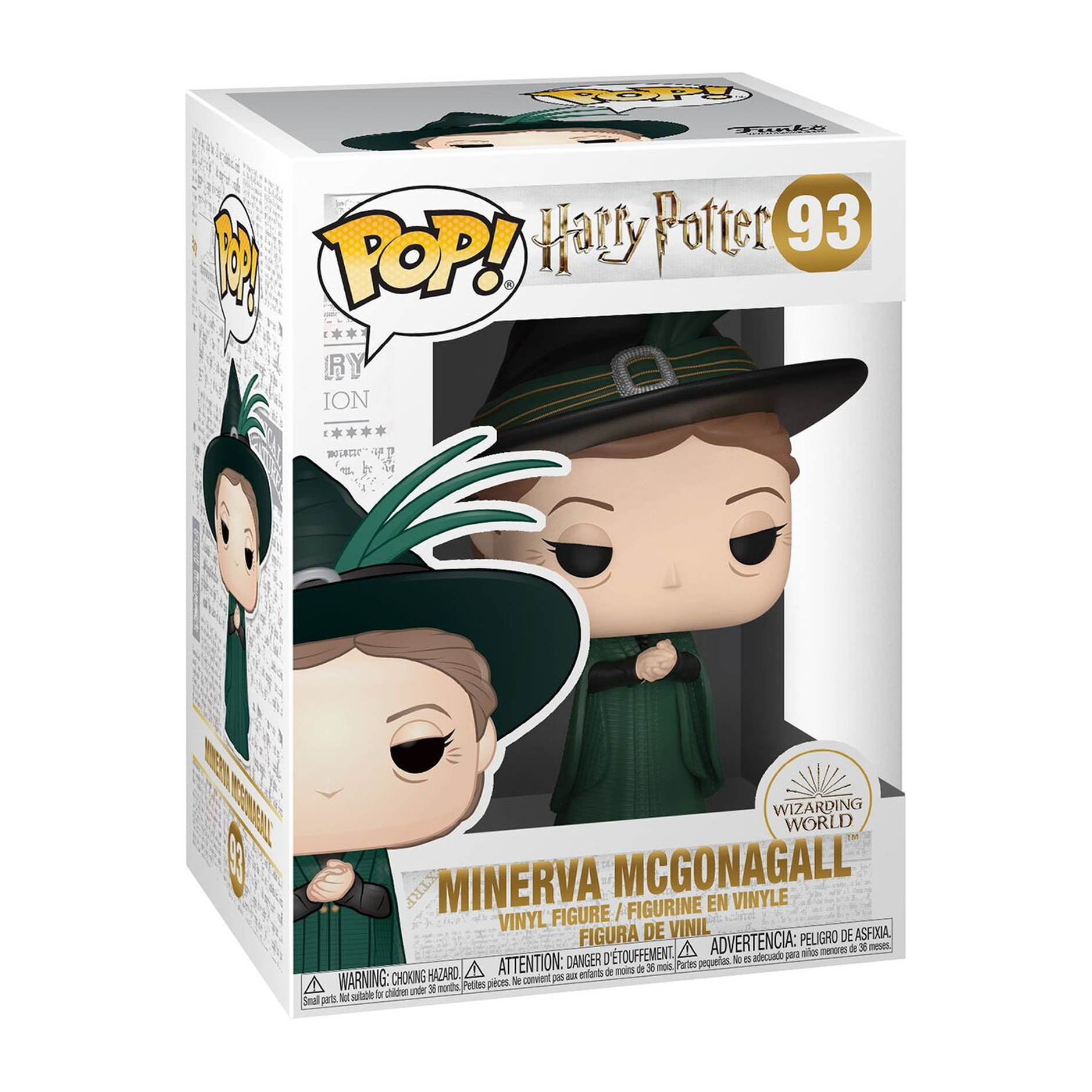 Minerva McGonagall Funko Pop in scatola. La figura indossa abiti verdi e un cappello nero.